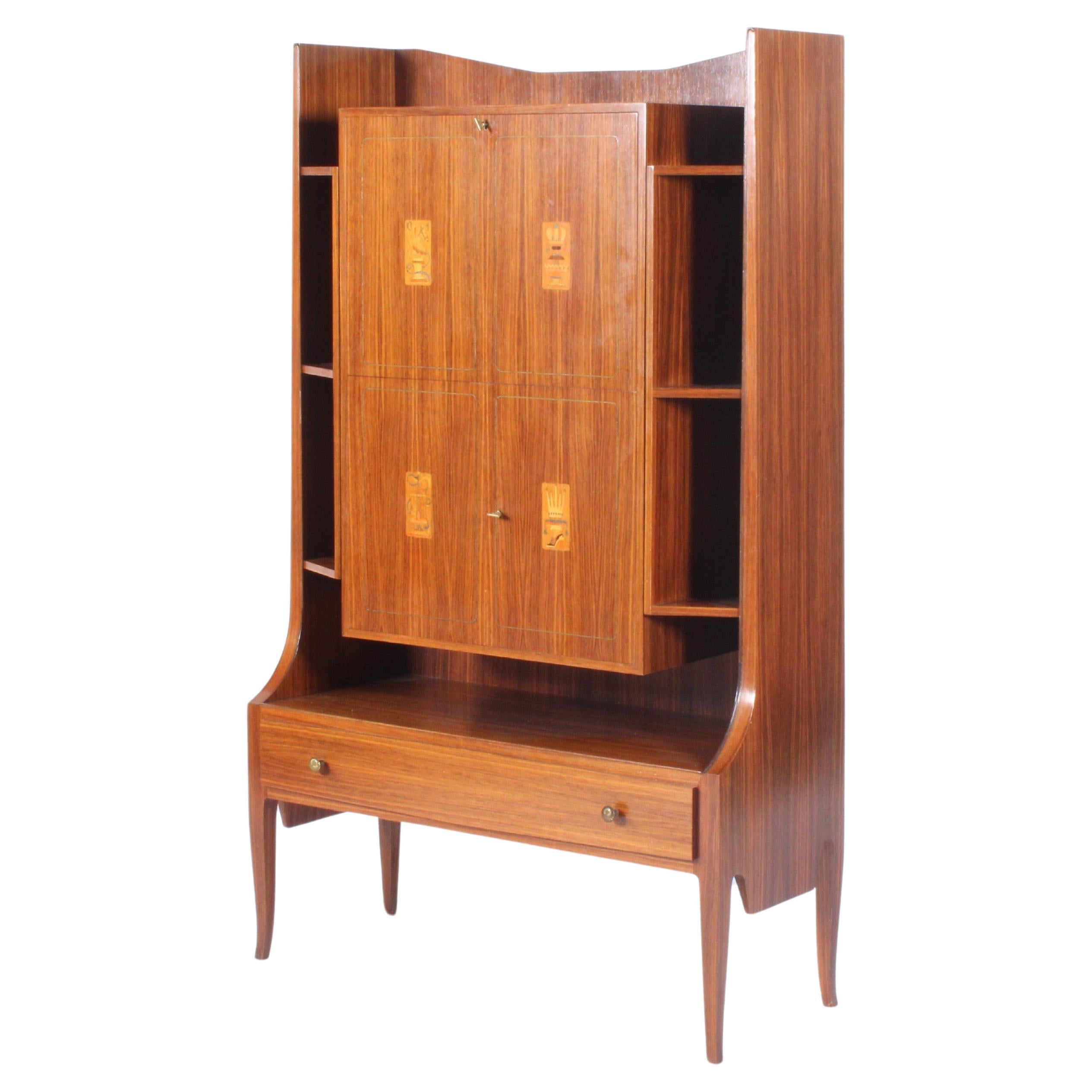 Mid Century Italian Drinks Cabinet With Decorative Marquetry Panels For Sale