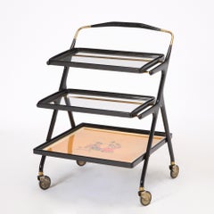Mid-Century Italian Ebonized Wood Three-tiered Bar Cart with Removable Trays