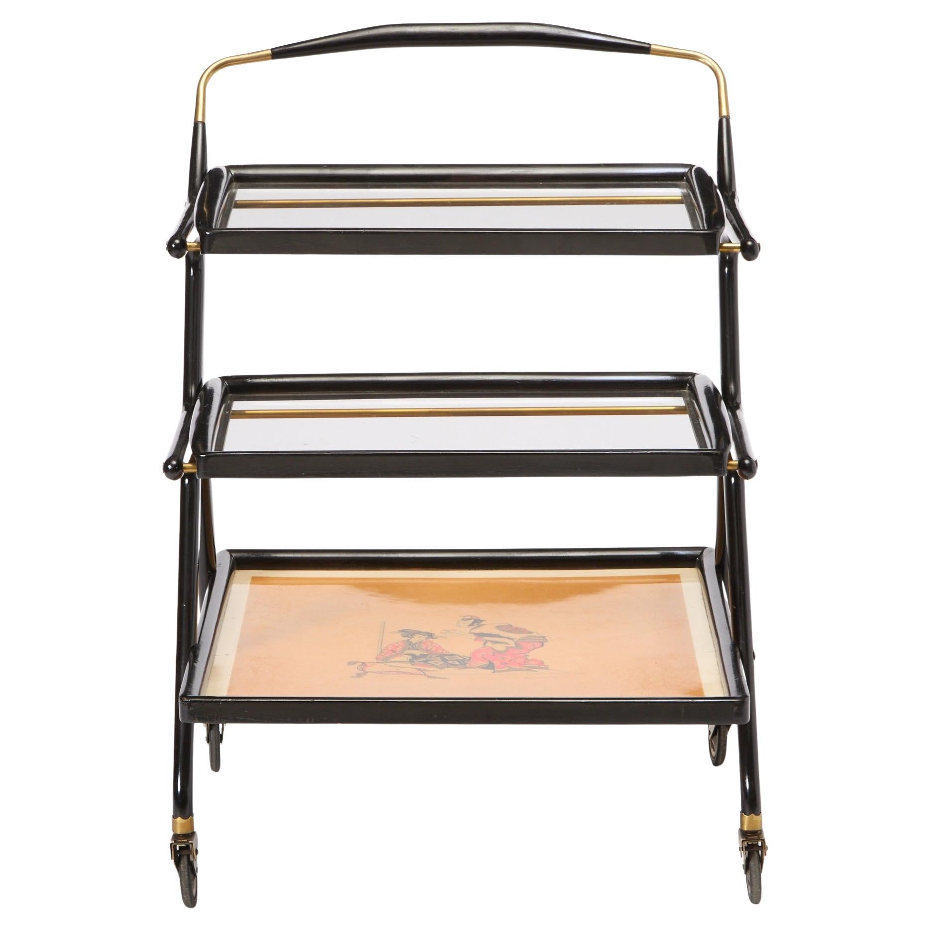 Mid-Century Italian Ebonized Wood Three-tiered Bar Cart with Removable Trays For Sale