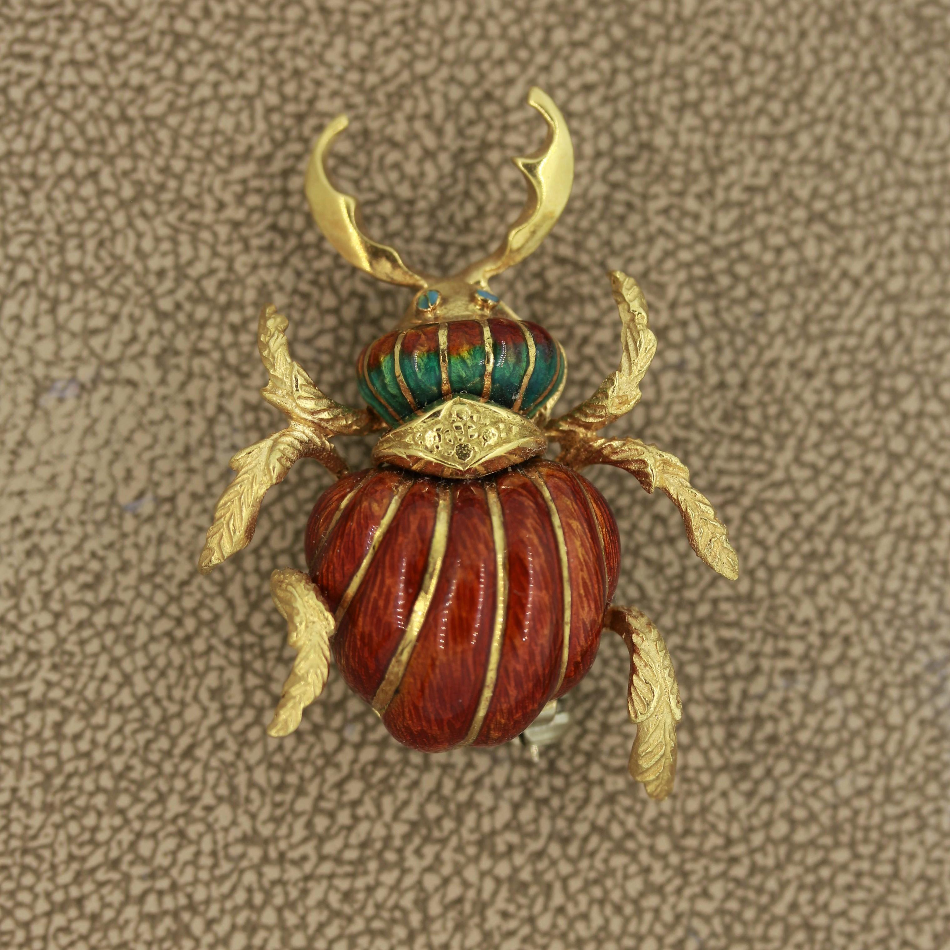 A lovely Italian made brooch from the 1950’s depicting a mighty horned beetle. It is covered in hand painted enamel which add color and realism to the piece. Will make a great addition to any outfit.

Length: 1.5 inches