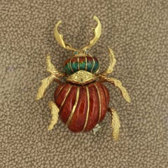 Midcentury Italian Enameled Gold Horned-Beetle Pin Brooch