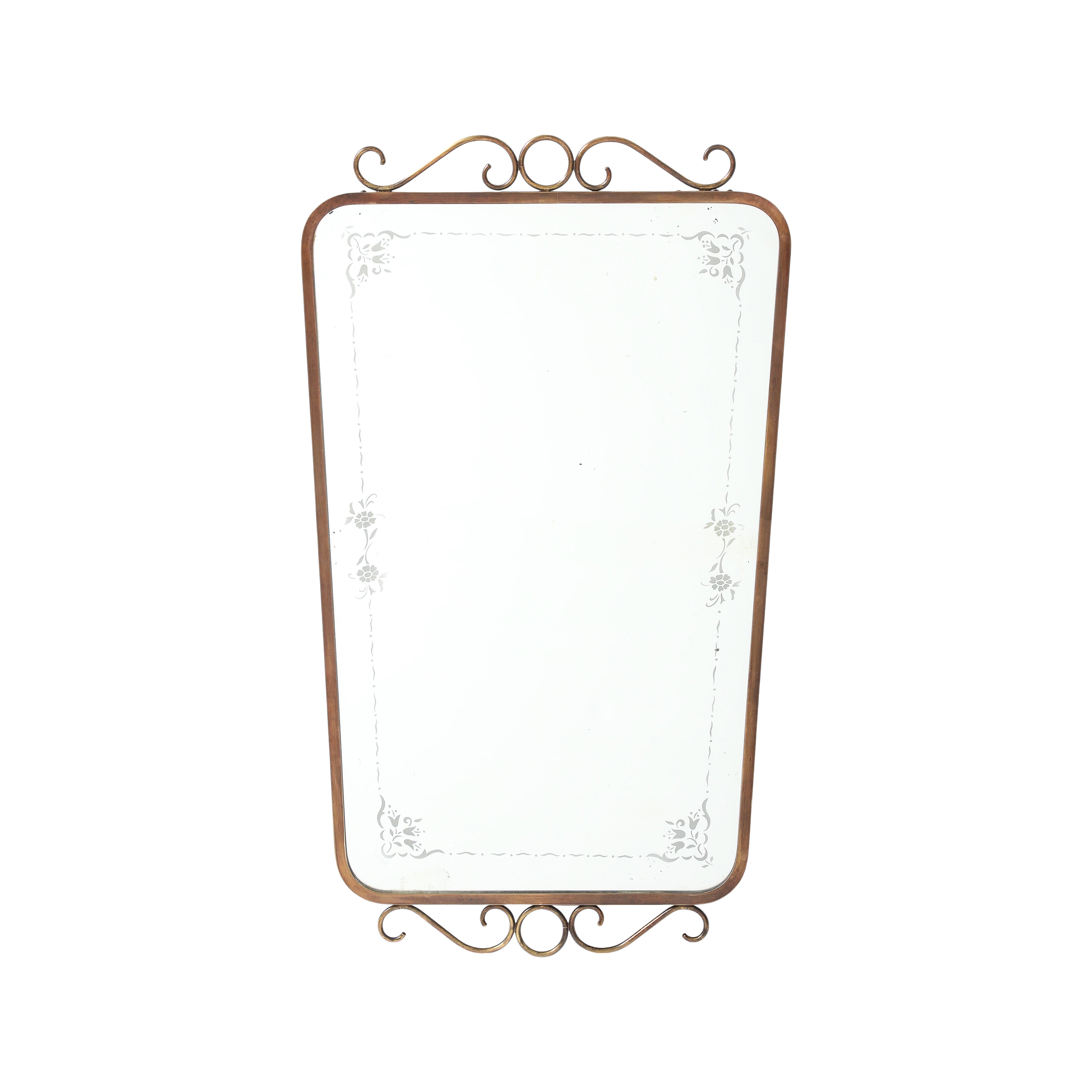 Mid-Century Italian Etched Glass and Brass Wall Mirror with Scrolls, 1950s For Sale