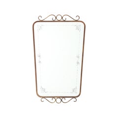 Mid-Century Italian Etched Glass and Brass Wall Mirror with Scrolls, 1950s
