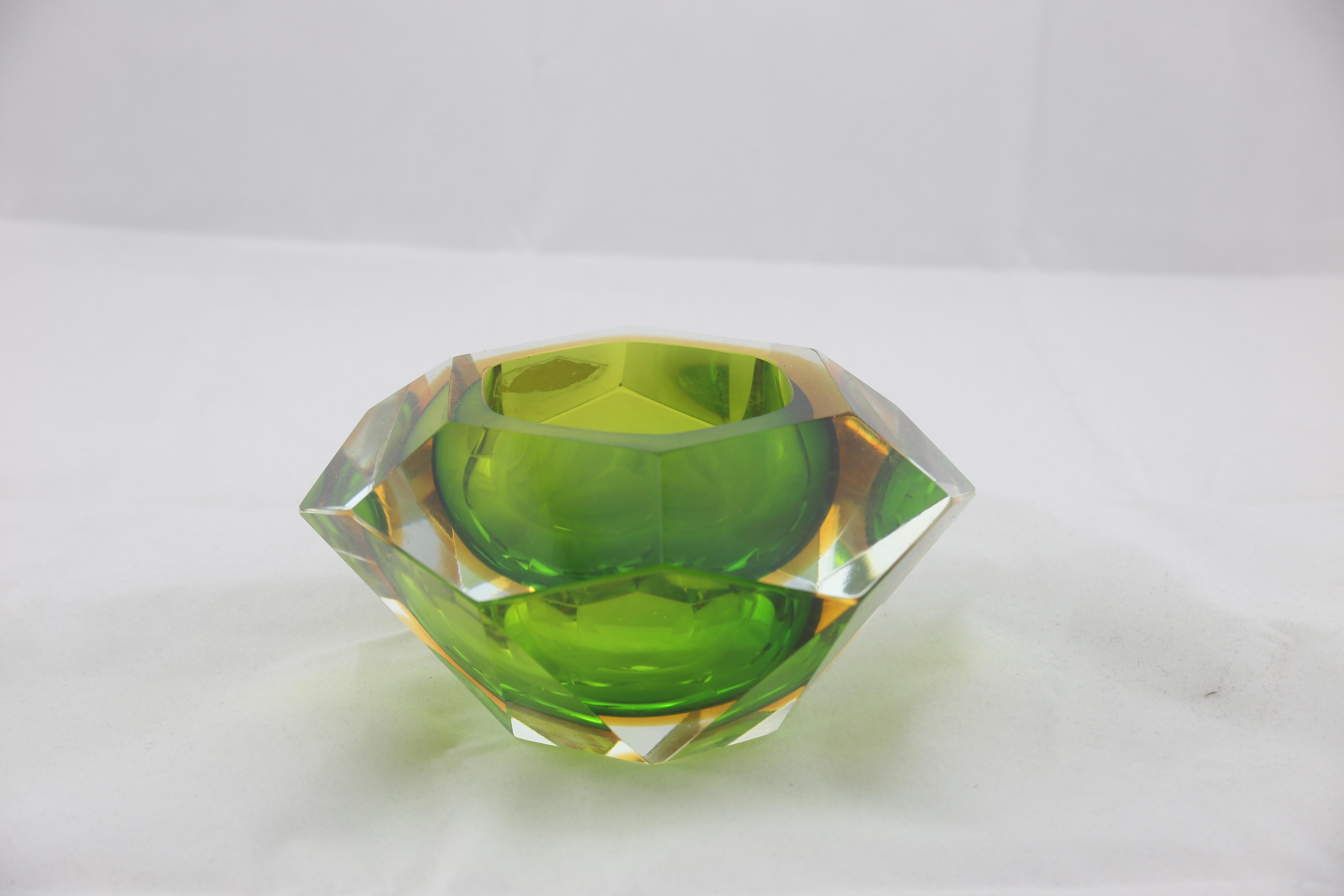 Mid-Century Modern Midcentury Italian Faced Sommerso Green and Yellow Glass Ashtray, 1960s