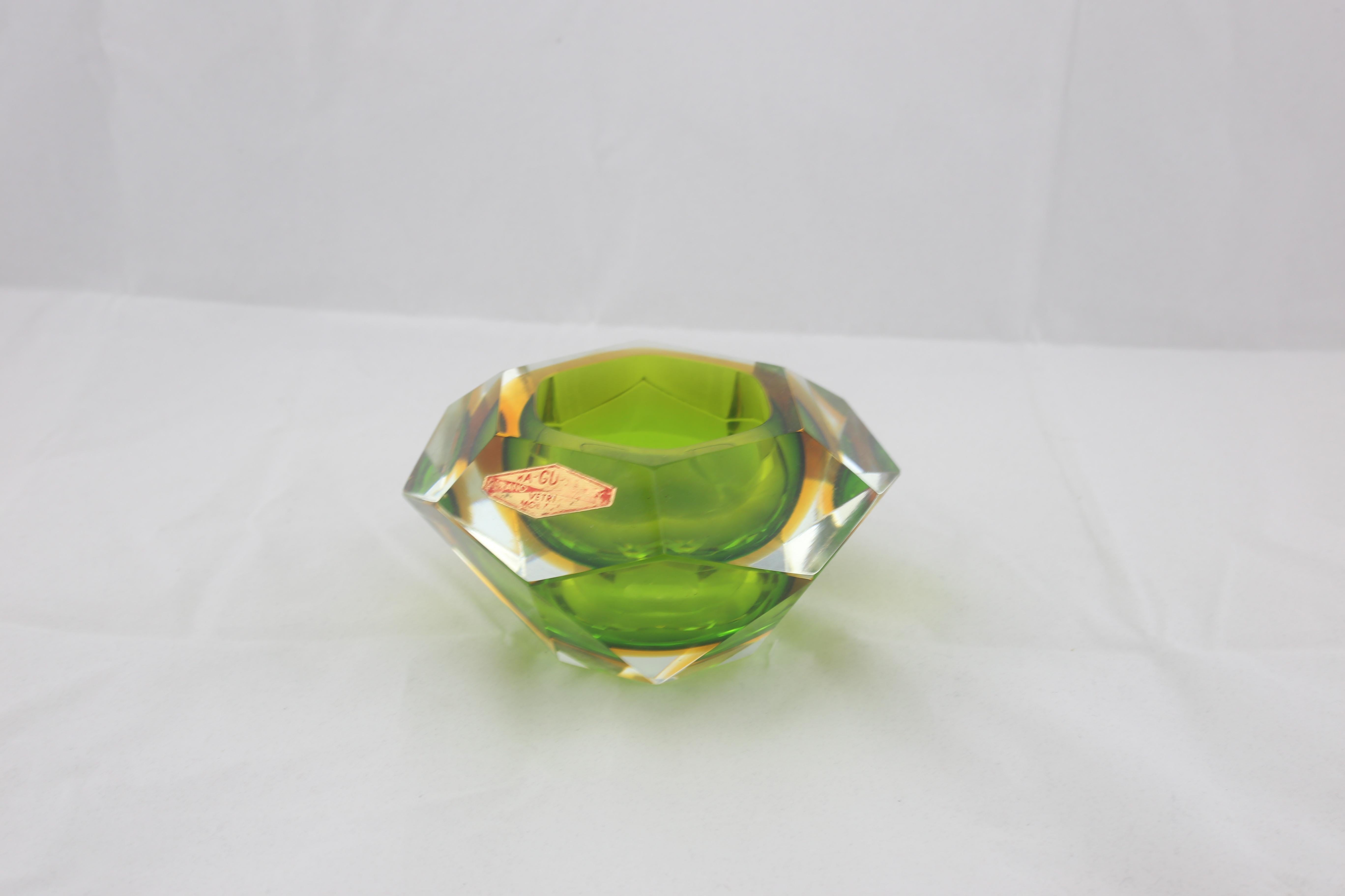 Midcentury Italian Faced Sommerso Green and Yellow Glass Ashtray, 1960s In Good Condition In Byron Bay, NSW