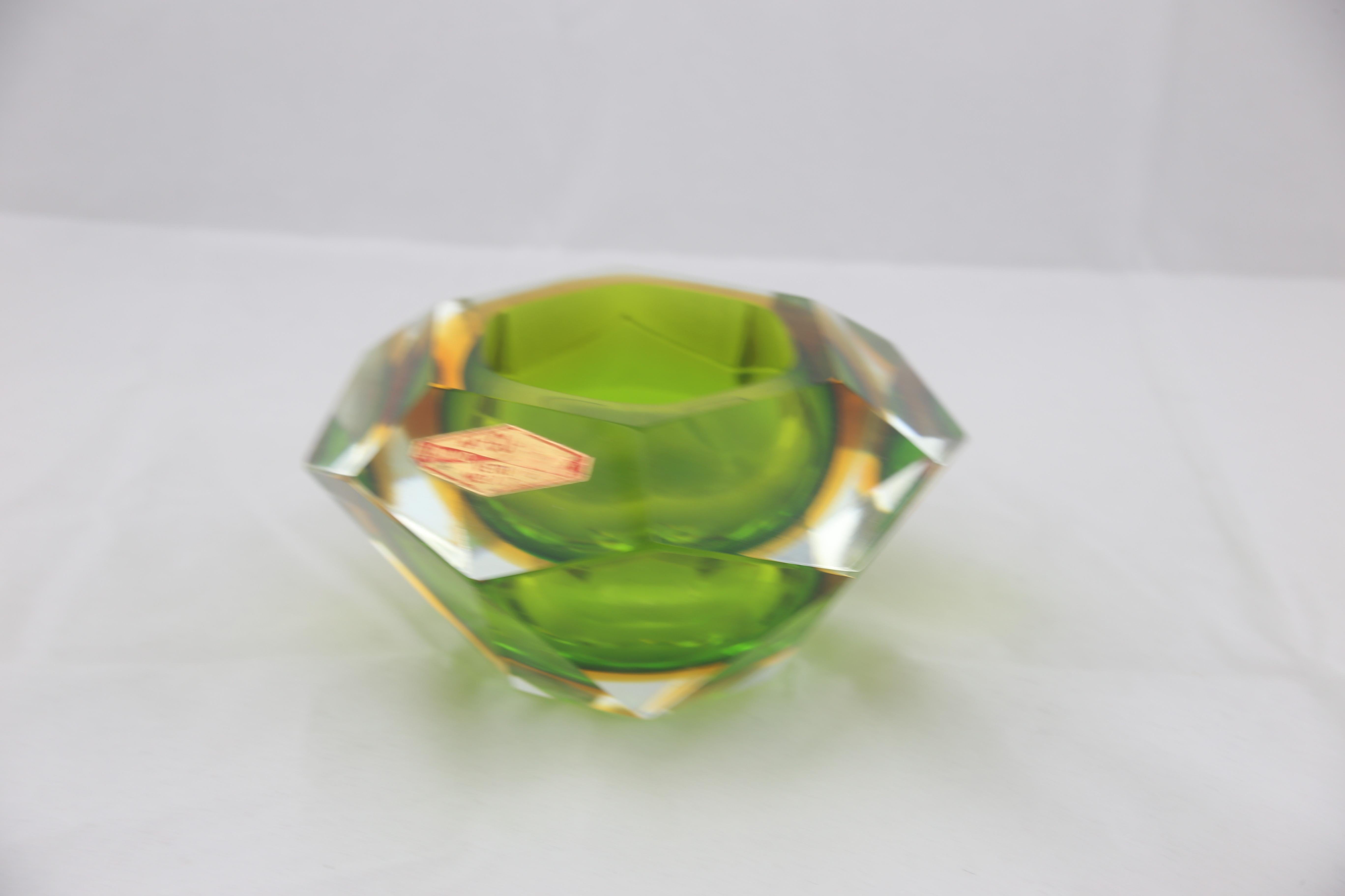 Murano Glass Midcentury Italian Faced Sommerso Green and Yellow Glass Ashtray, 1960s