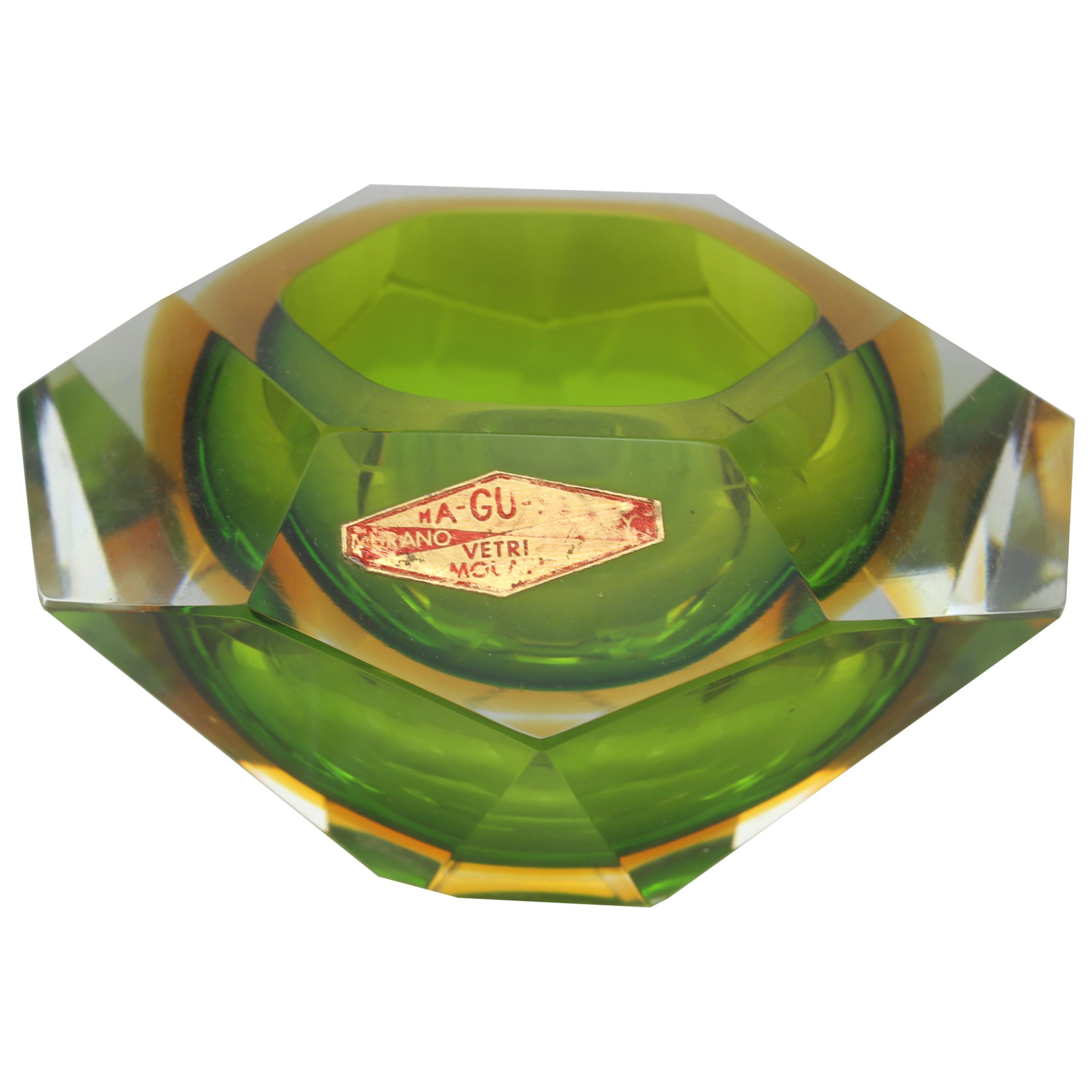 Midcentury Italian Faced Sommerso Green and Yellow Glass Ashtray, 1960s