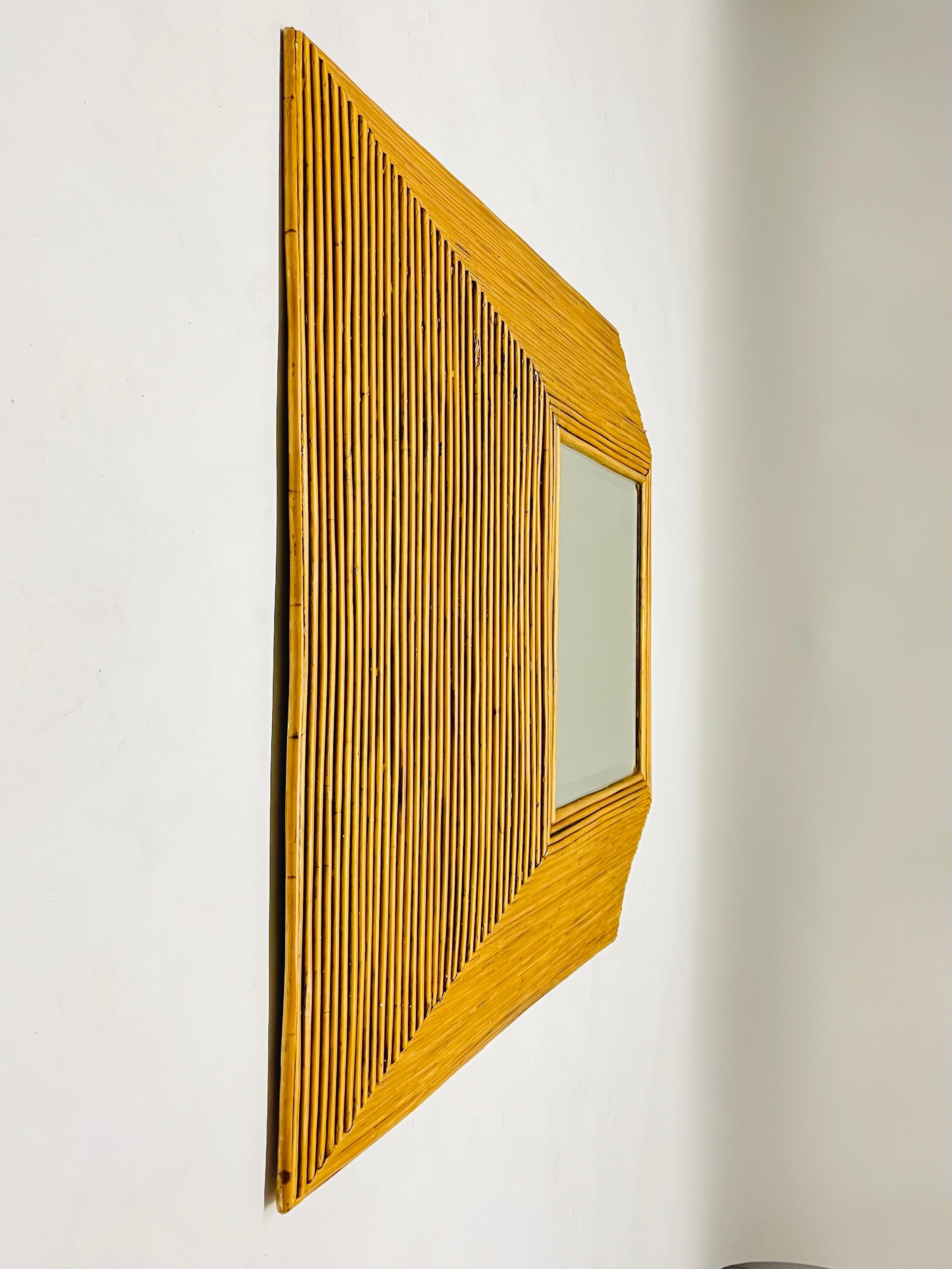 Mid-Century Modern Mid Century Italian Faceted Rattan Mirror by Vivai del Sud, Italy, 1970's For Sale