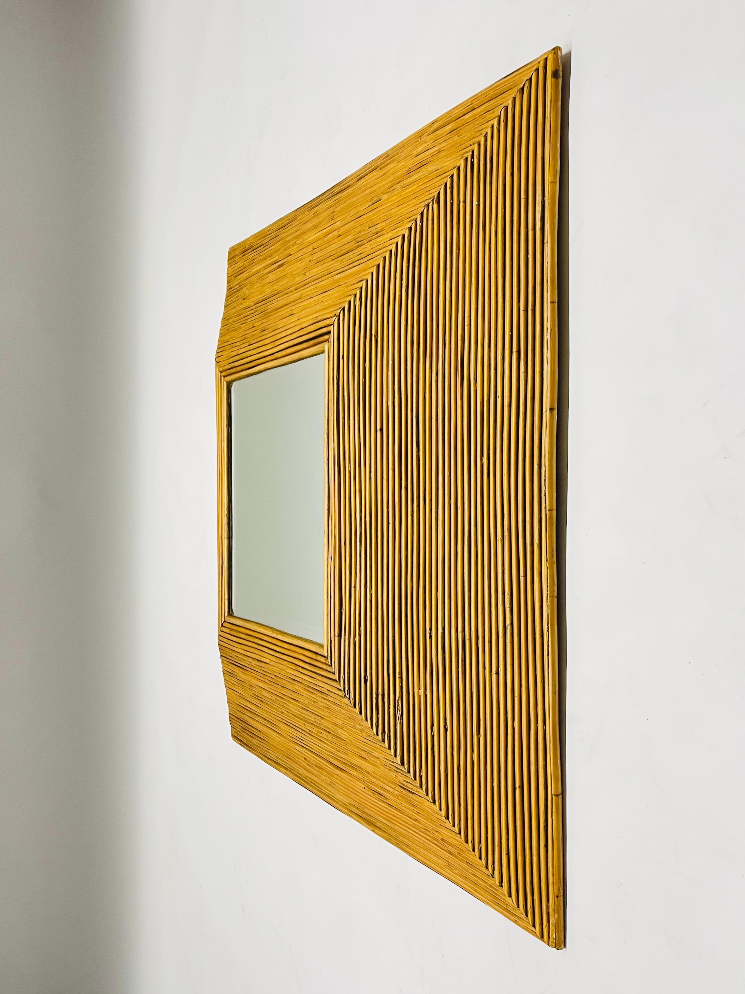 Beveled Mid Century Italian Faceted Rattan Mirror by Vivai del Sud, Italy, 1970's For Sale