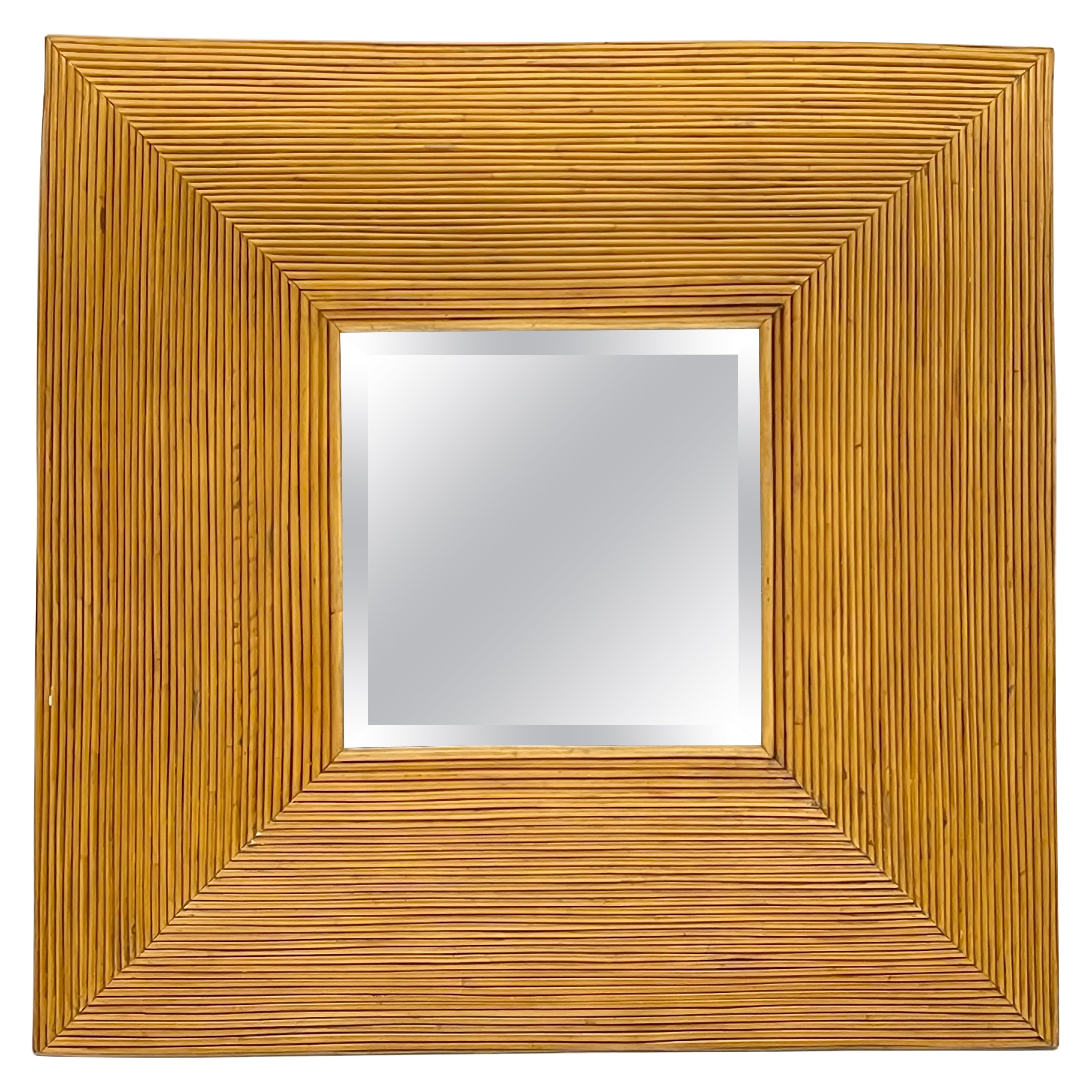 Mid Century Italian Faceted Rattan Split Reed Mirror, Italy, 1970
s