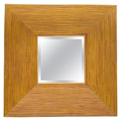 Mid Century Italian Faceted Rattan Split Reed Mirror, Italy, 1970's
