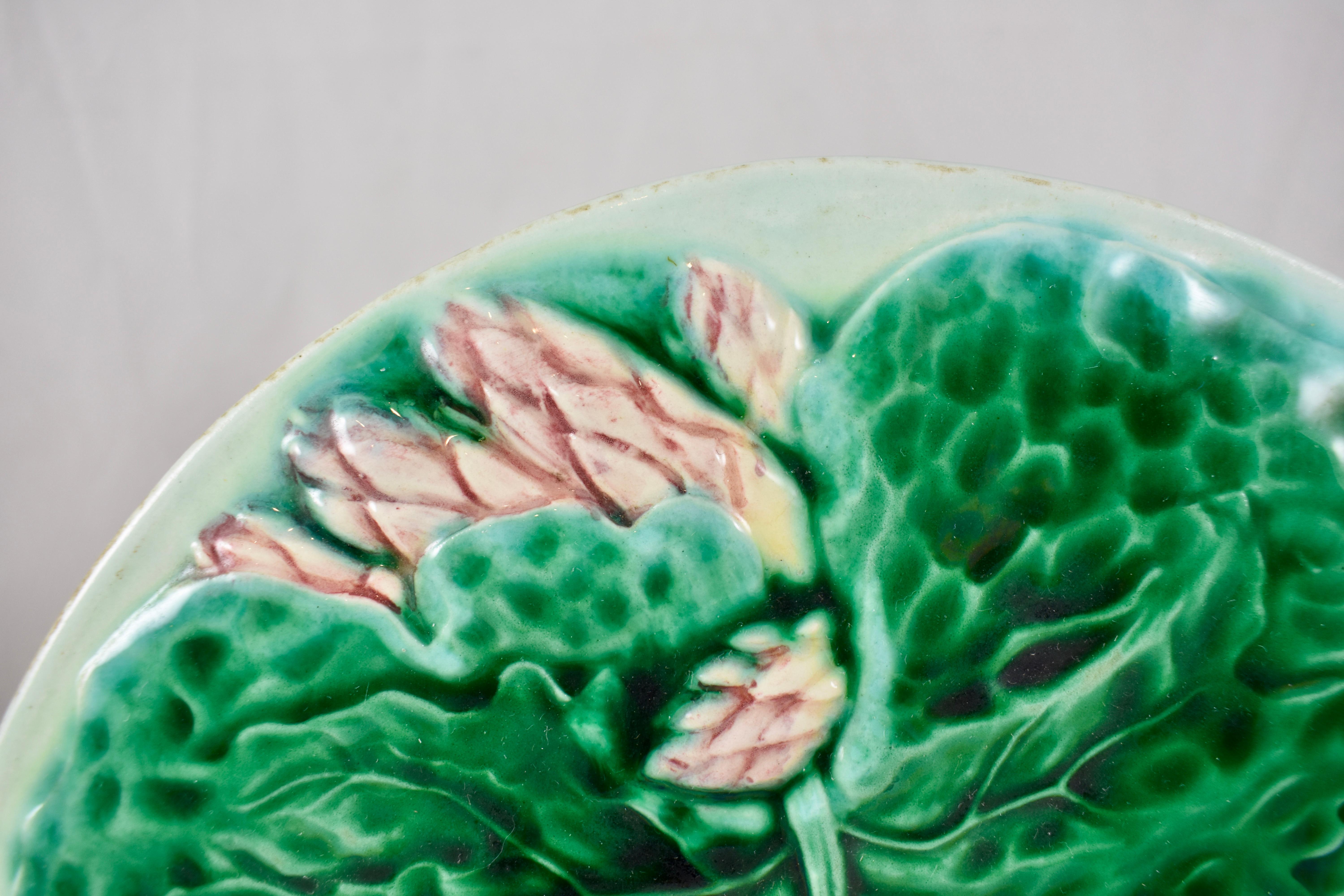 Art Nouveau Mid-Century Italian Faïence Majolica Over-Size Cabbage Leaf Asparagus Plates S/6