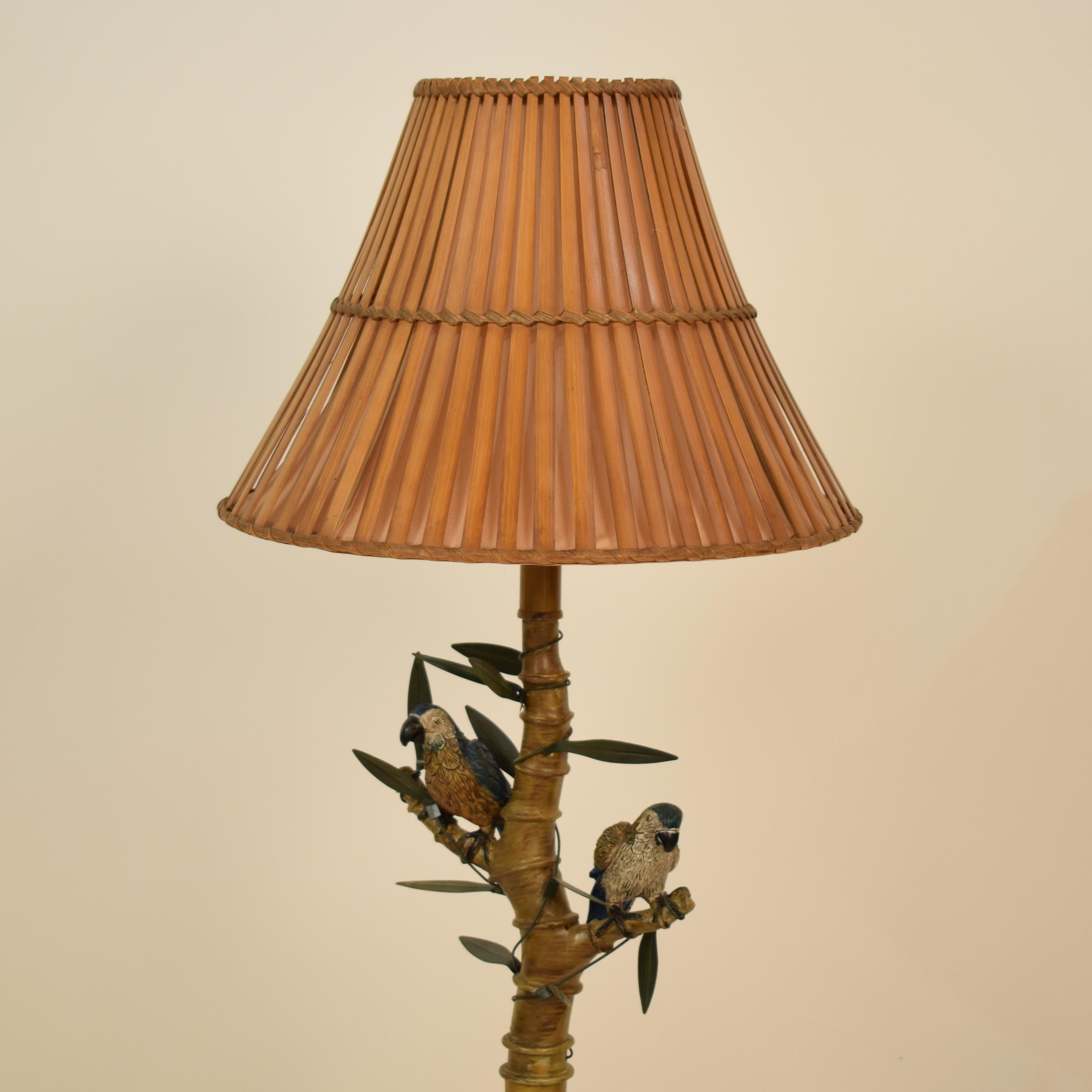Brass Midcentury Italian Faux Bamboo Floor Lamp with Parrots and Bamboo Lamp Shade