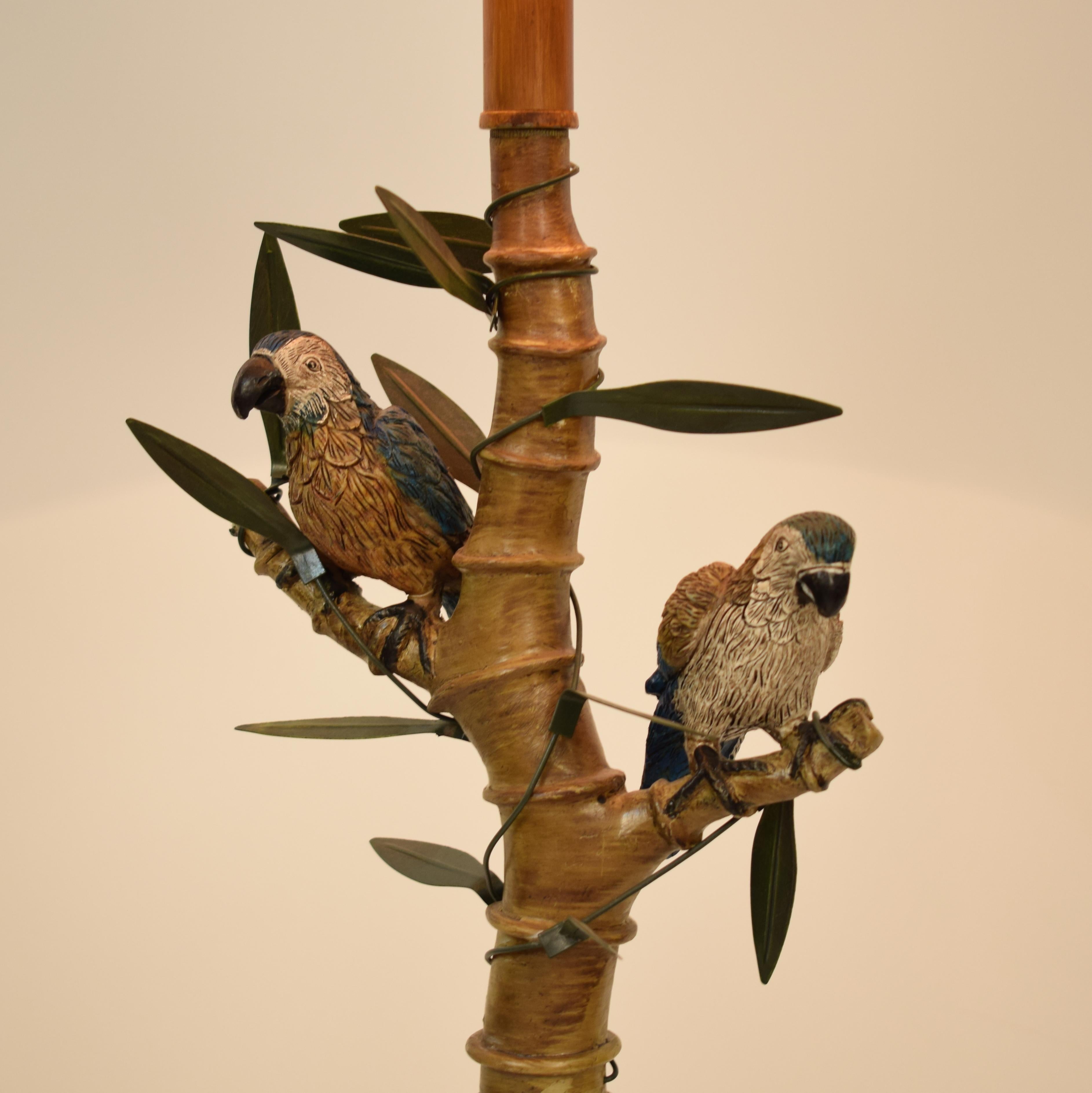 Mid-Century Modern Midcentury Italian Faux Bamboo Floor Lamp with Parrots and Bamboo Lamp Shade