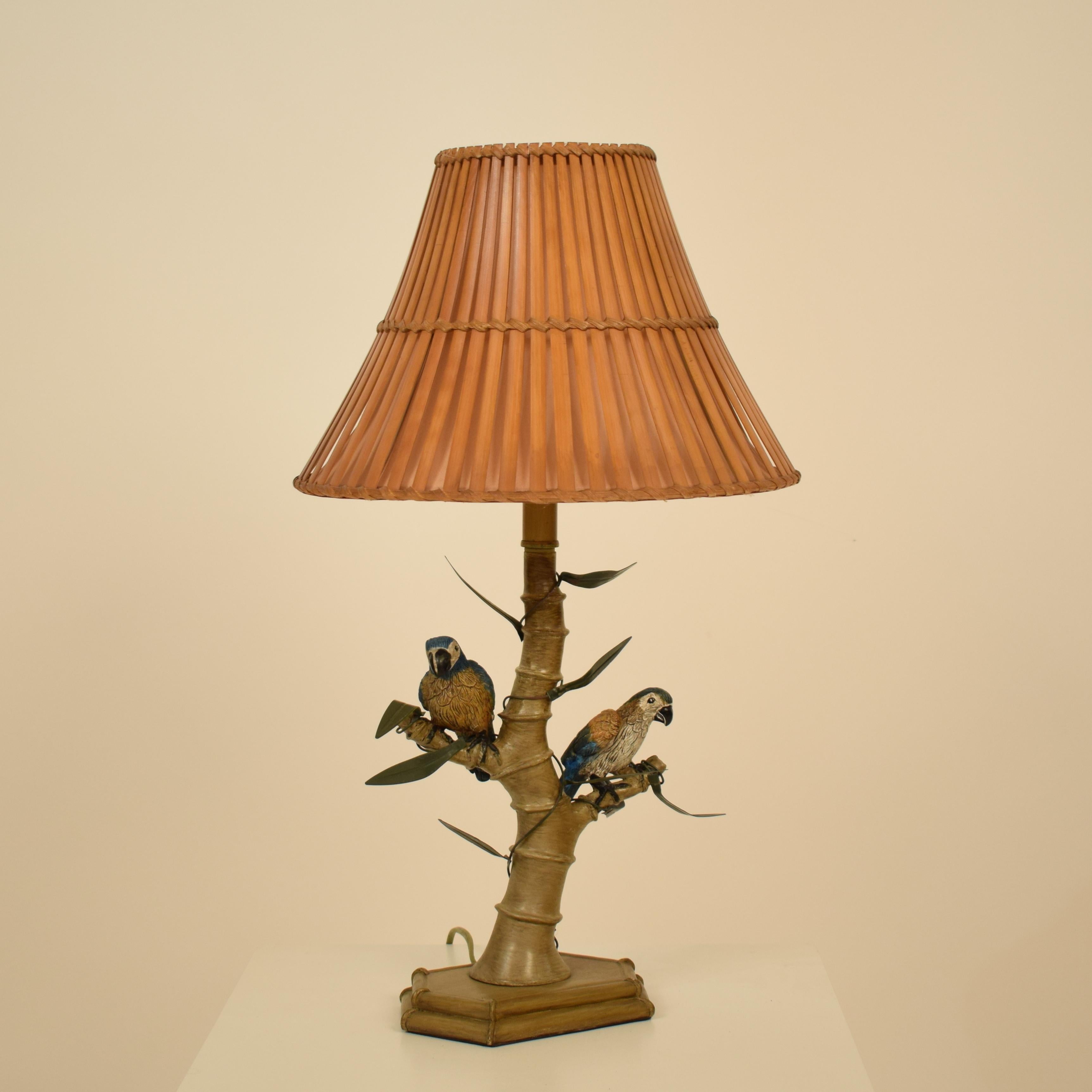 Brass Midcentury Italian Faux Bamboo Table Lamp with Parrots and Bamboo Lamp Shade