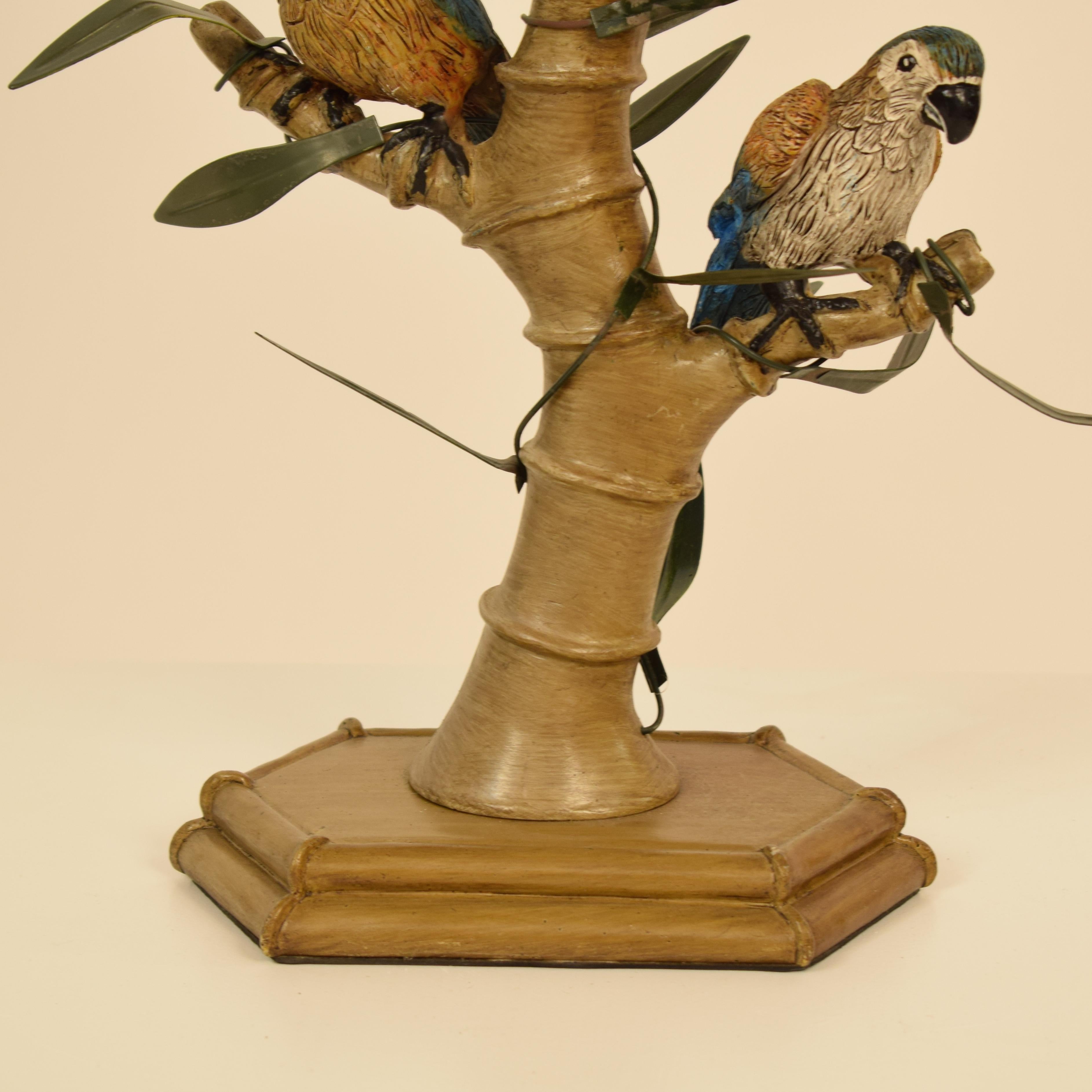 Mid-Century Modern Midcentury Italian Faux Bamboo Table Lamp with Parrots and Bamboo Lamp Shade