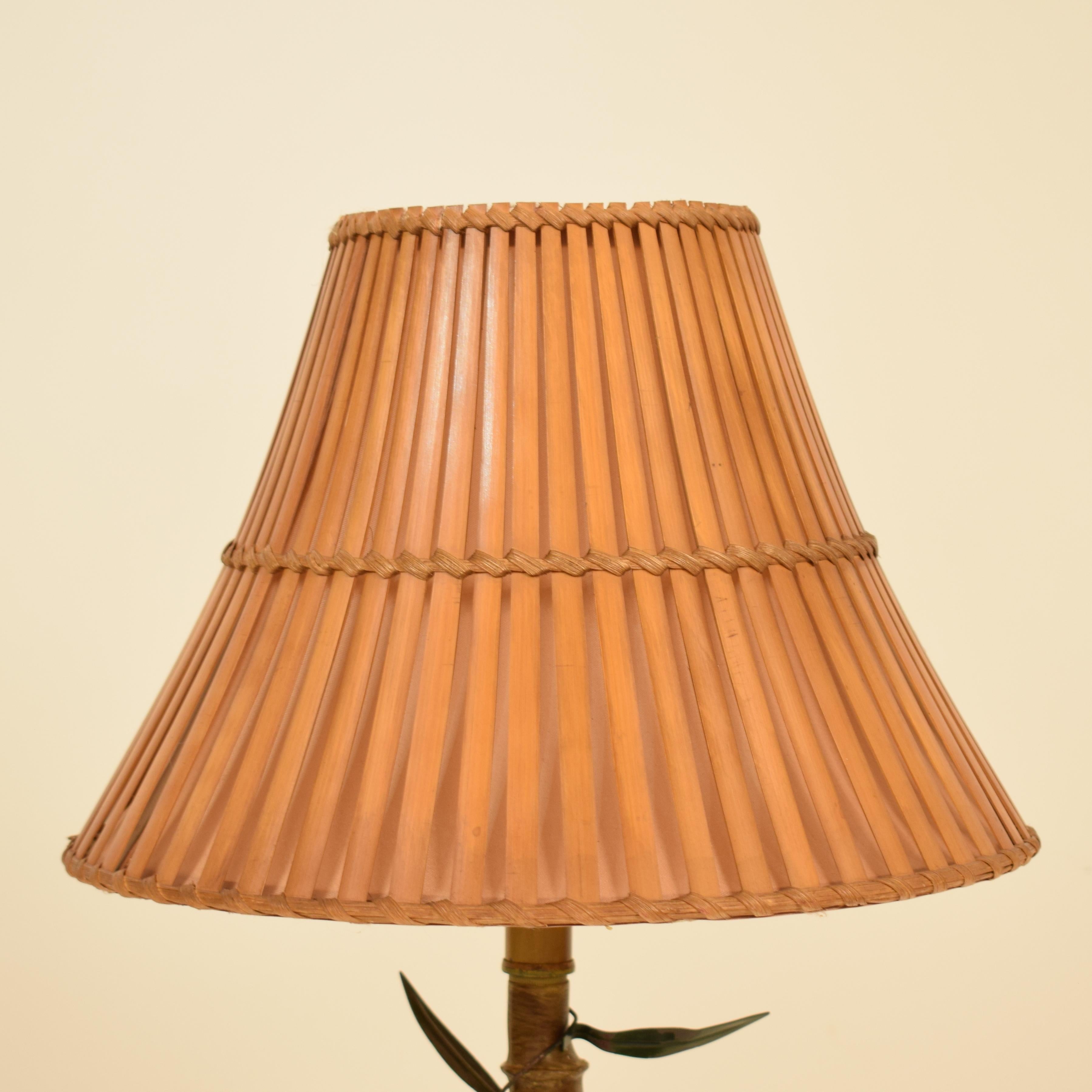 Hand-Painted Midcentury Italian Faux Bamboo Table Lamp with Parrots and Bamboo Lamp Shade