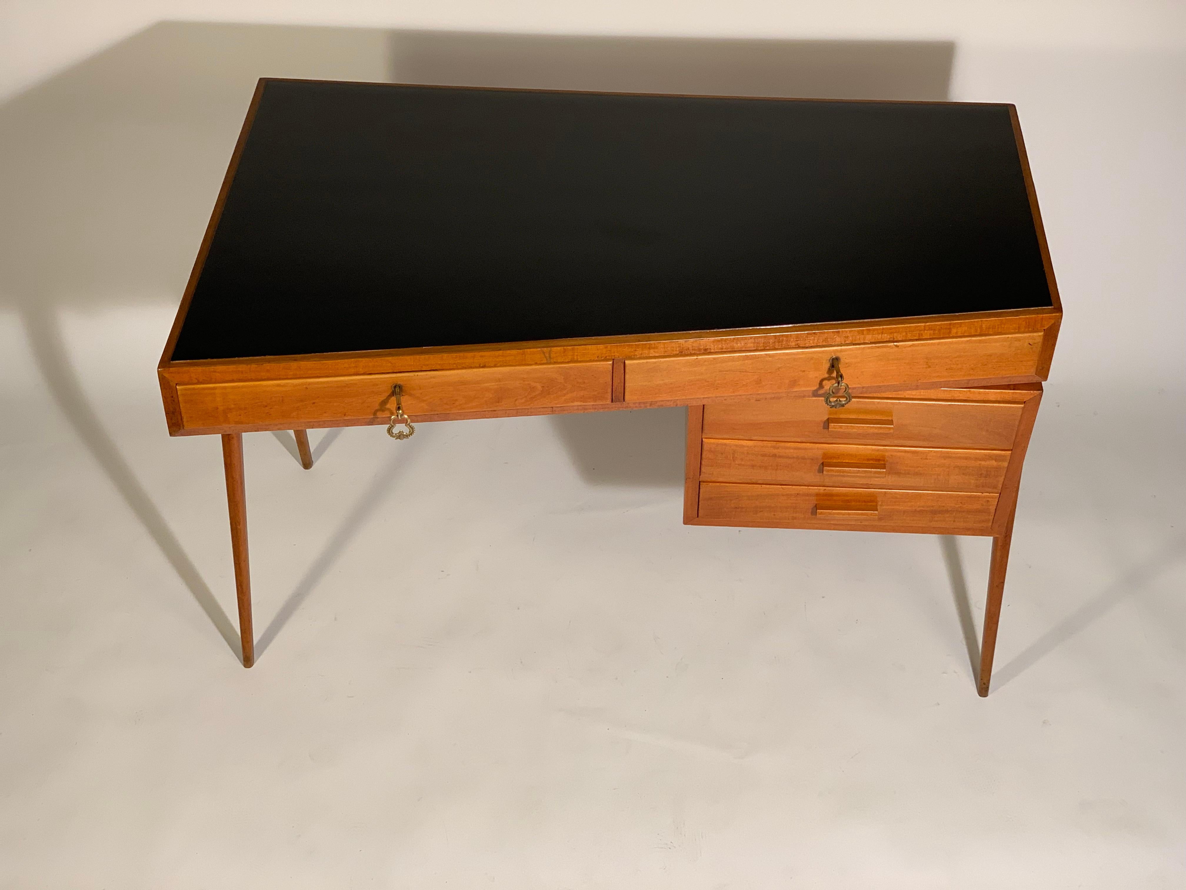 Mid-20th Century Mid Century Italian Five Drawers Black Formica Top Writing Desk