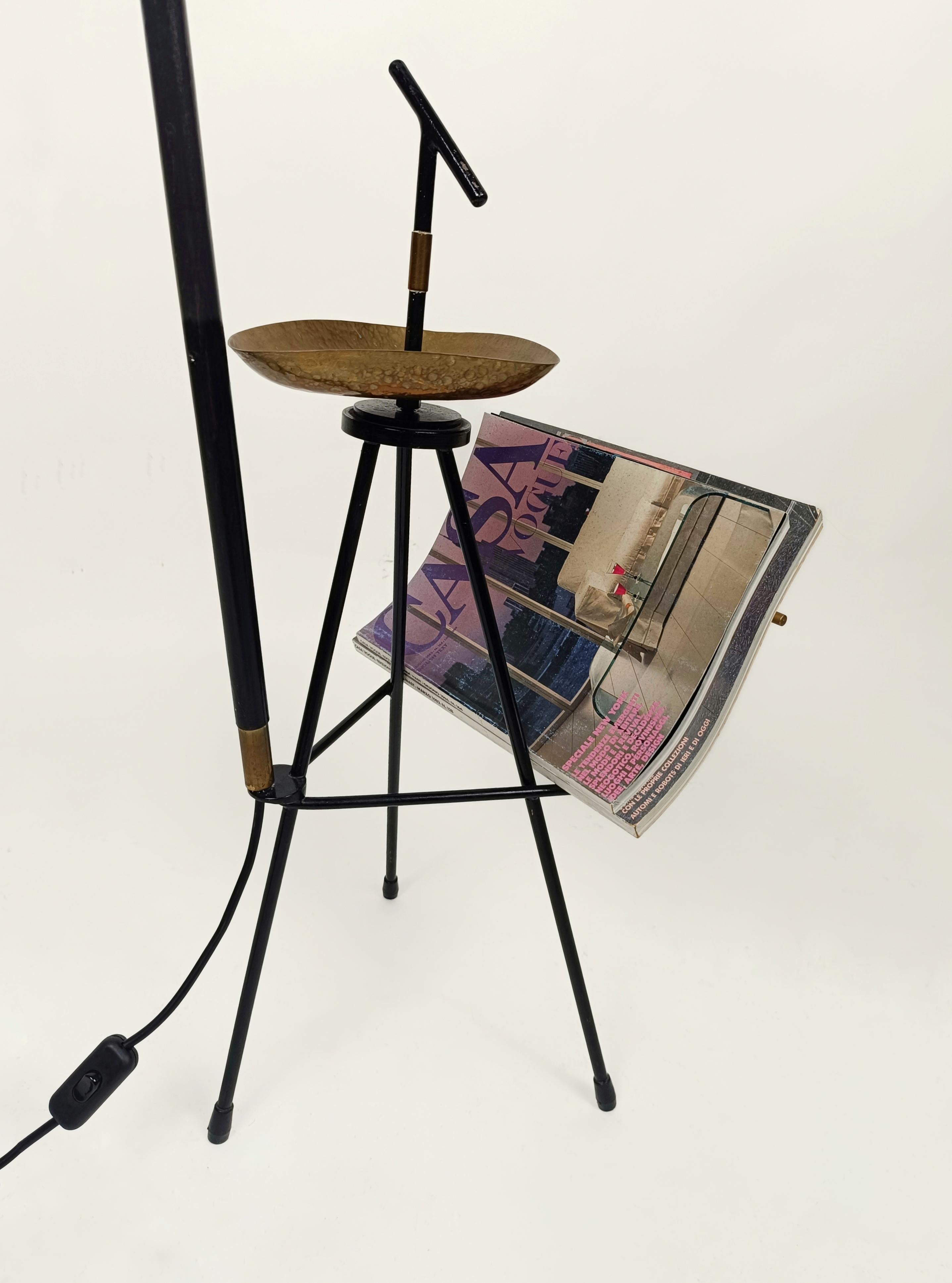 Brass Mid Century Italian Floor Lamp equipped with Ashtray and Magazine Rack, 1950s