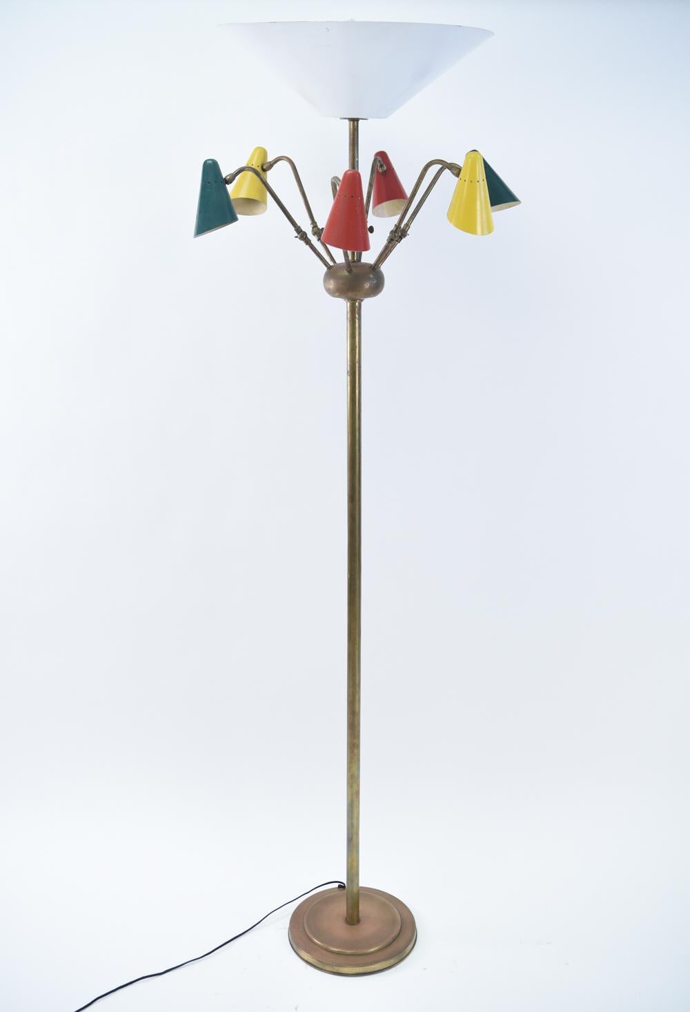 This fun Italian floor lamp is in the manner of Arteluce. Featuring colorful shades.