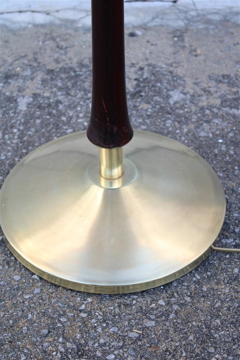 Midcentury Italian Floor Lamp Mahogany Brass Gold Italian Design Fabric Dome For Sale 5