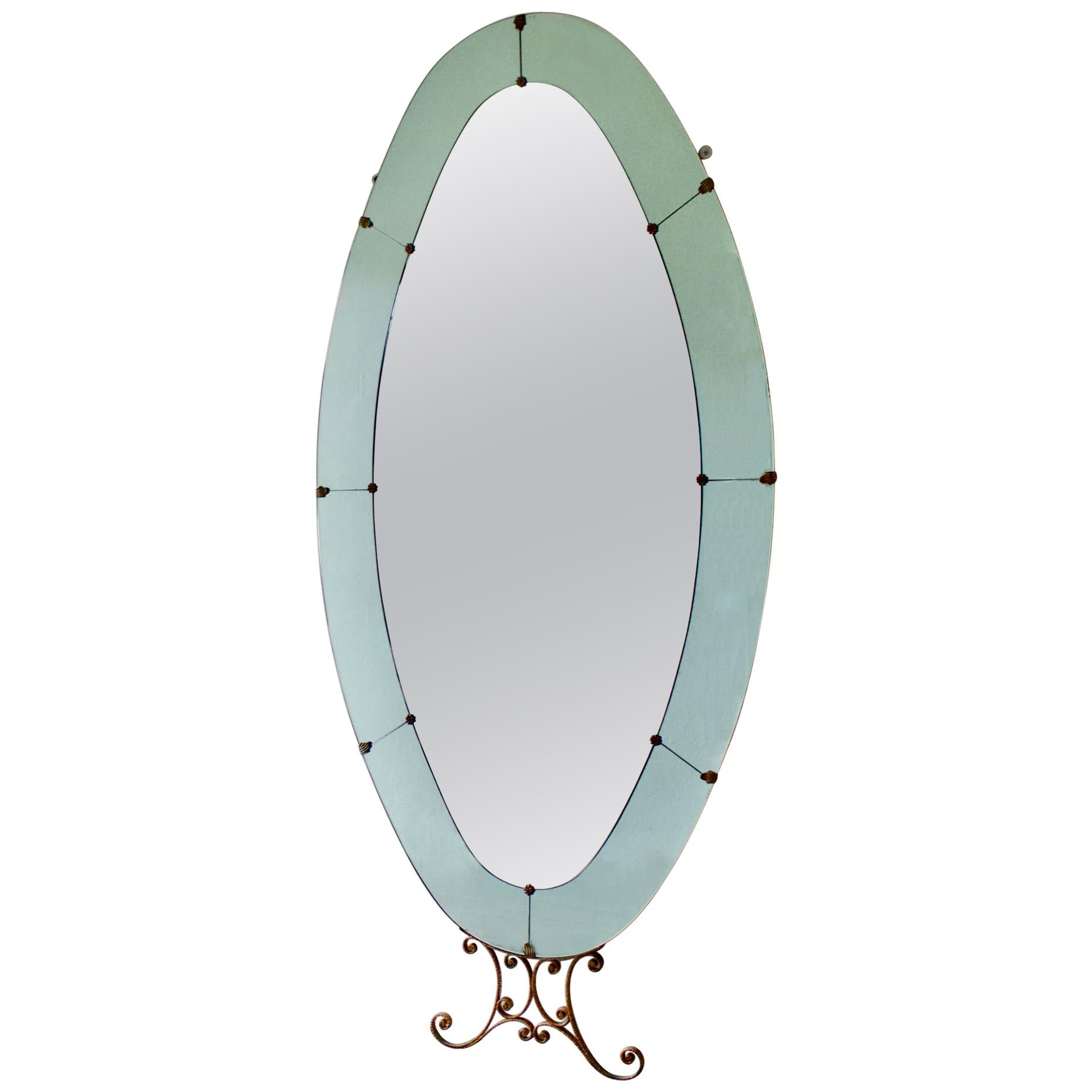 Mid-Century Italian Floor-Standing Mirror with Blue Border, Attributed to Colli
