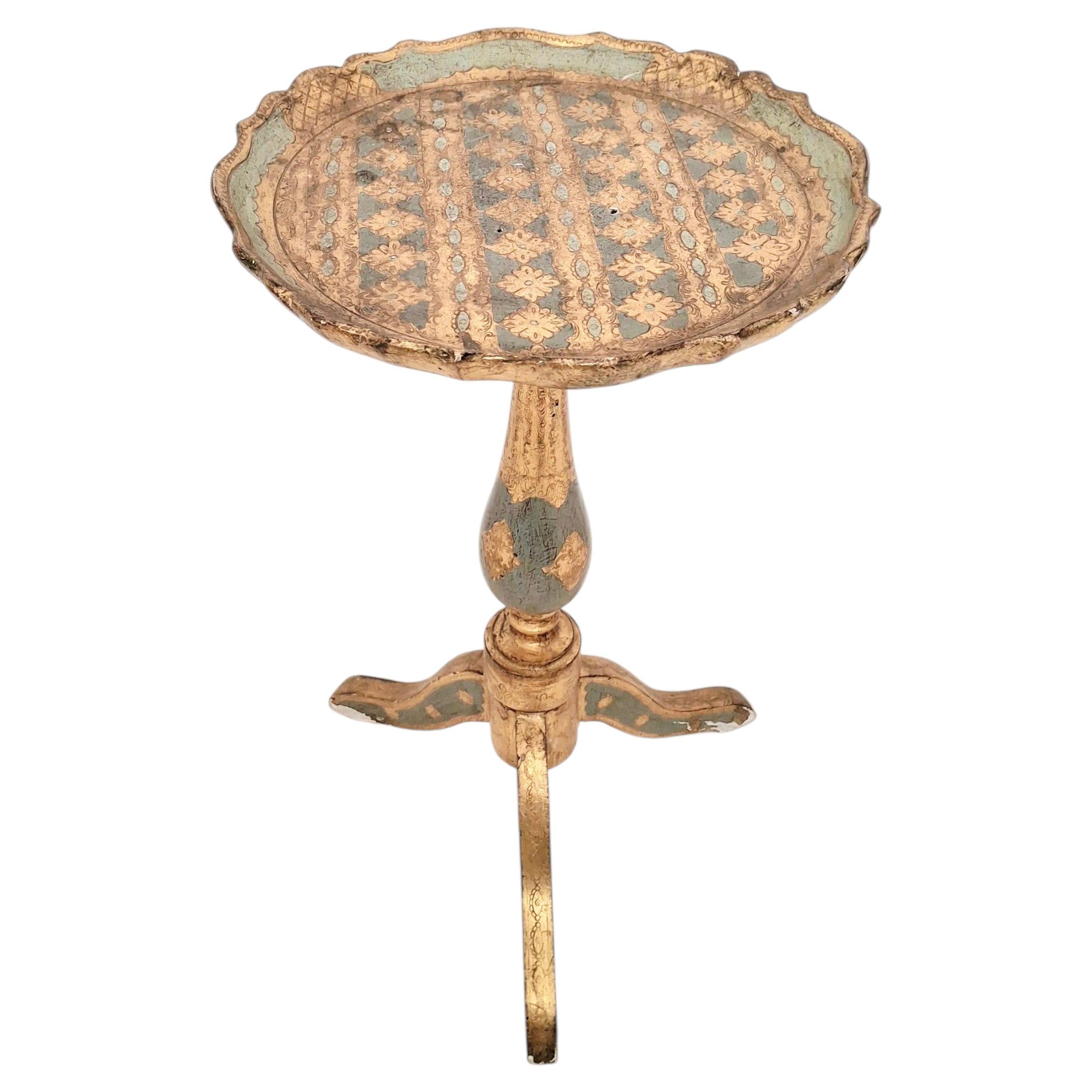 Mid-Century Italian Florentine Giltwood Tripod Martini Table in Sage & Gold