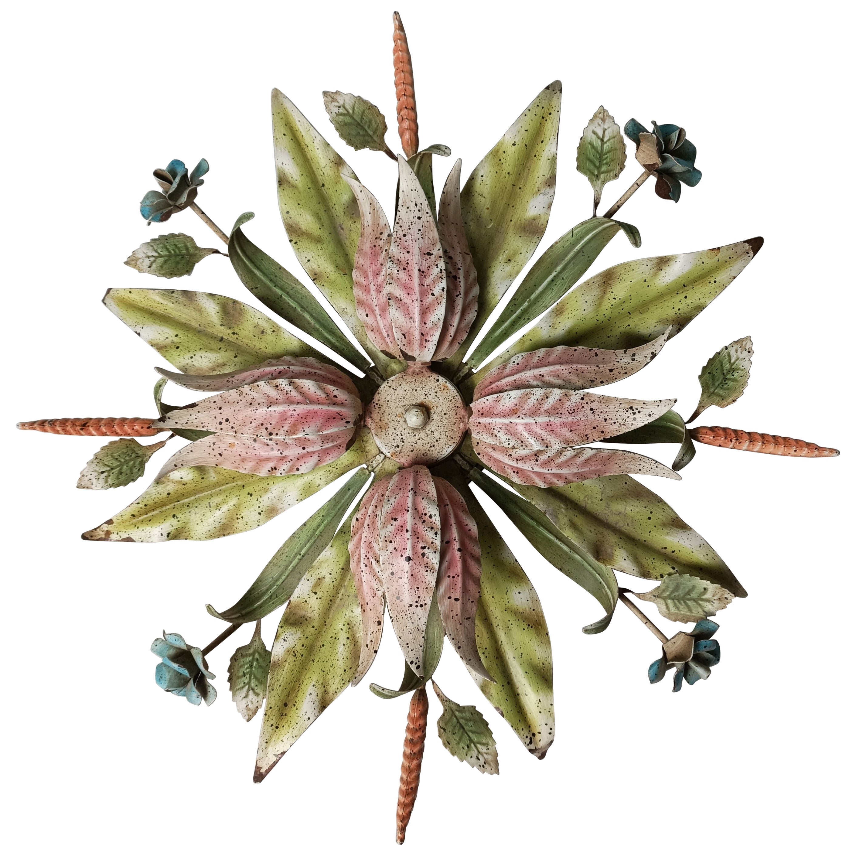 Mid-Century Italian Florentine Toleware Floral Flush Mount Light, 1950s–70s