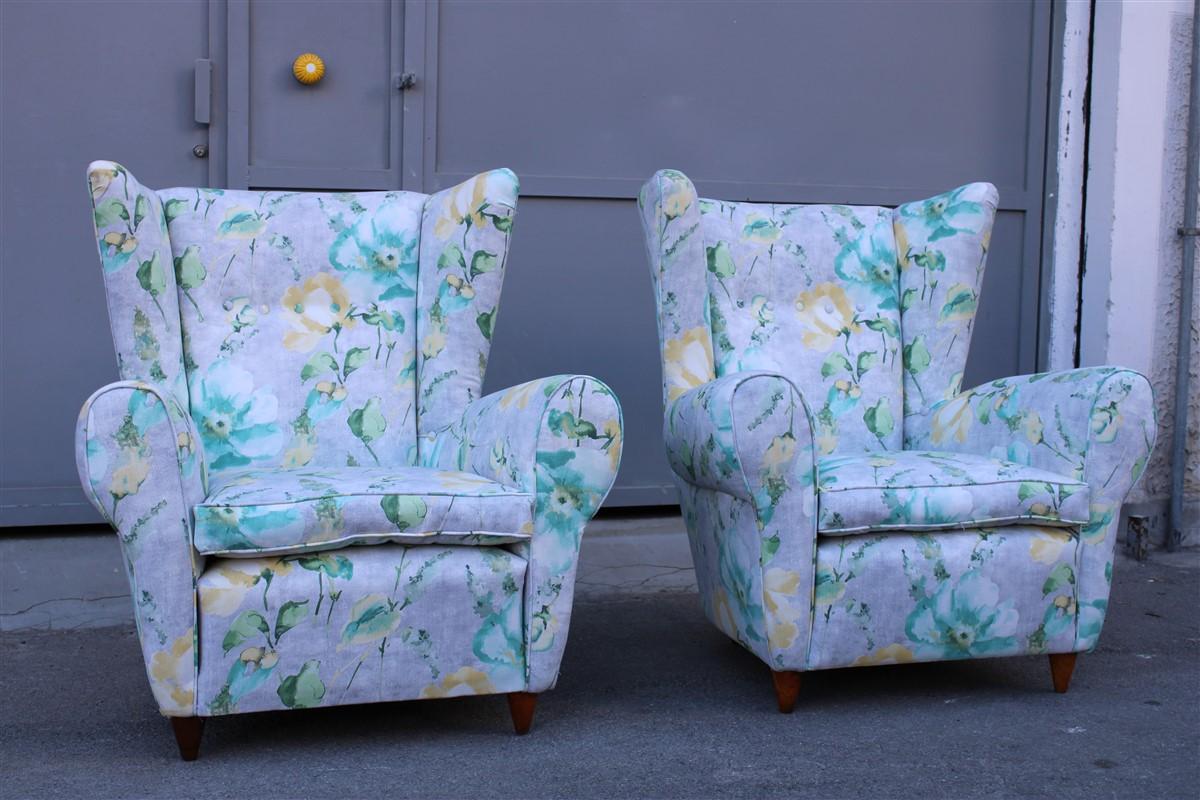 Mid-Century Modern Mid-Century Italian Flowers Pair of Armchairs Paolo Buffa Multicolor Bergeres For Sale