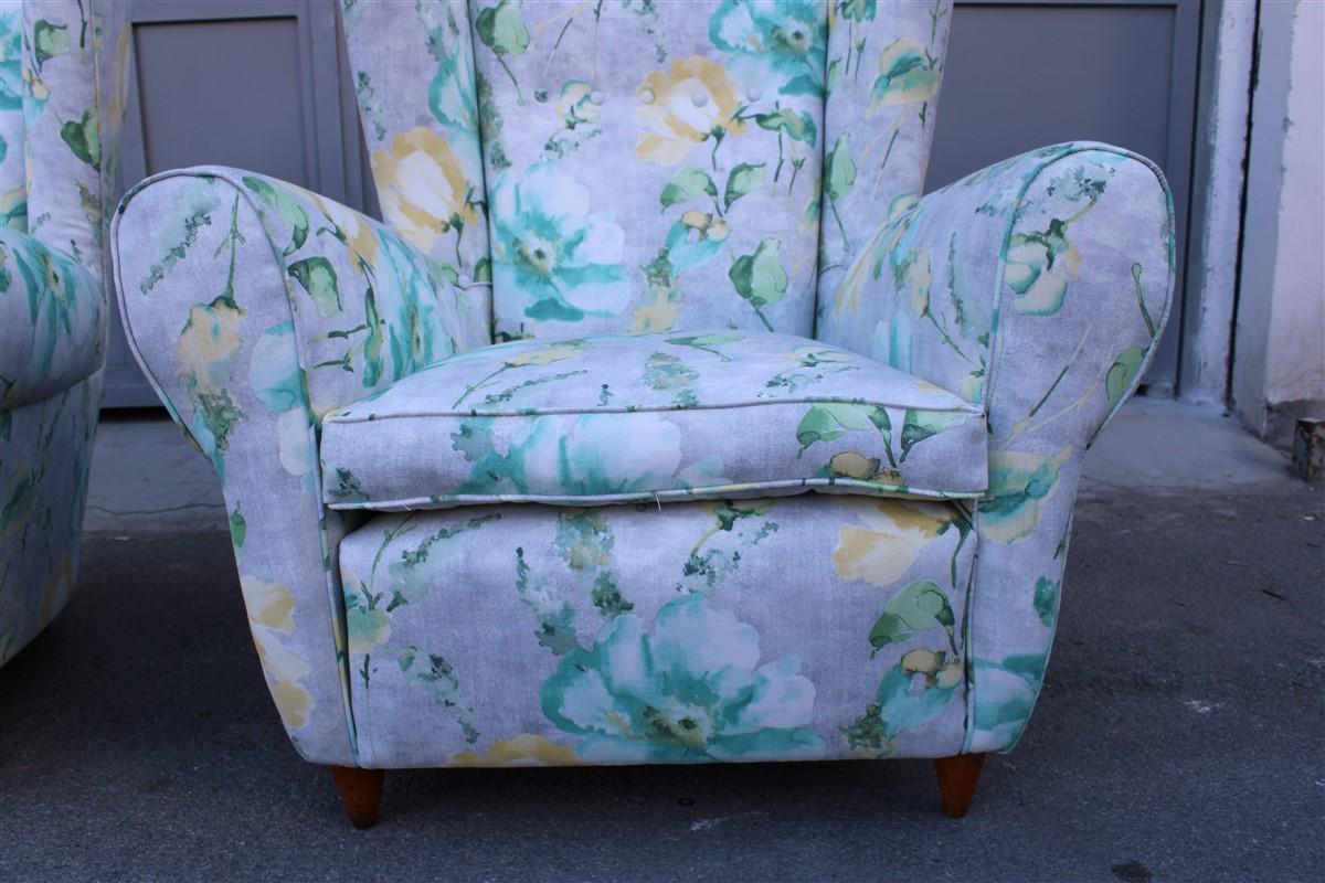 Mid-Century Italian Flowers Pair of Armchairs Paolo Buffa Multicolor Bergeres For Sale 2