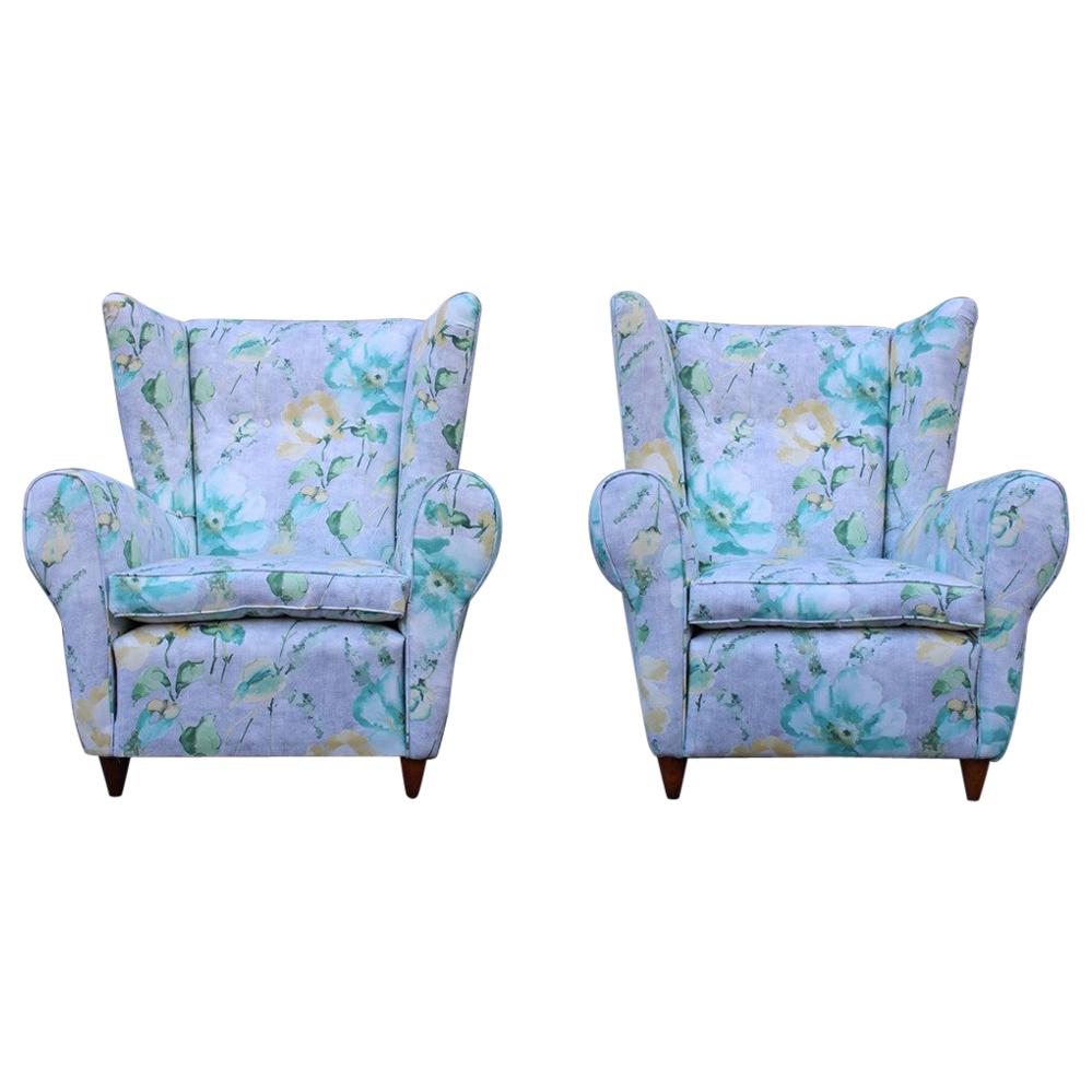 Mid-Century Italian Flowers Pair of Armchairs Paolo Buffa Multicolor Bergeres For Sale