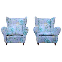 Mid-Century Italian Flowers Pair of Armchairs Paolo Buffa Multicolor Bergeres