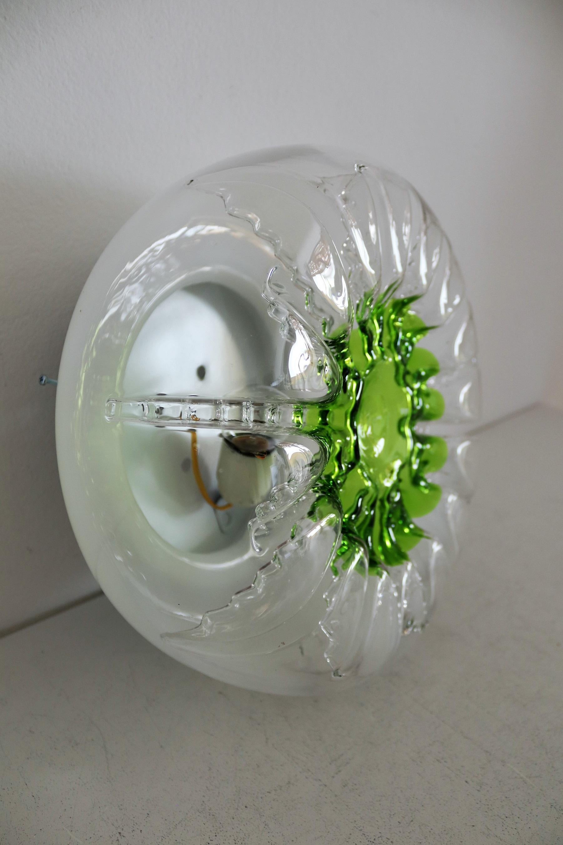 Mid-Century Italian Flush Mount Light or Wall Sconce in Murano Glass, 1970s For Sale 3