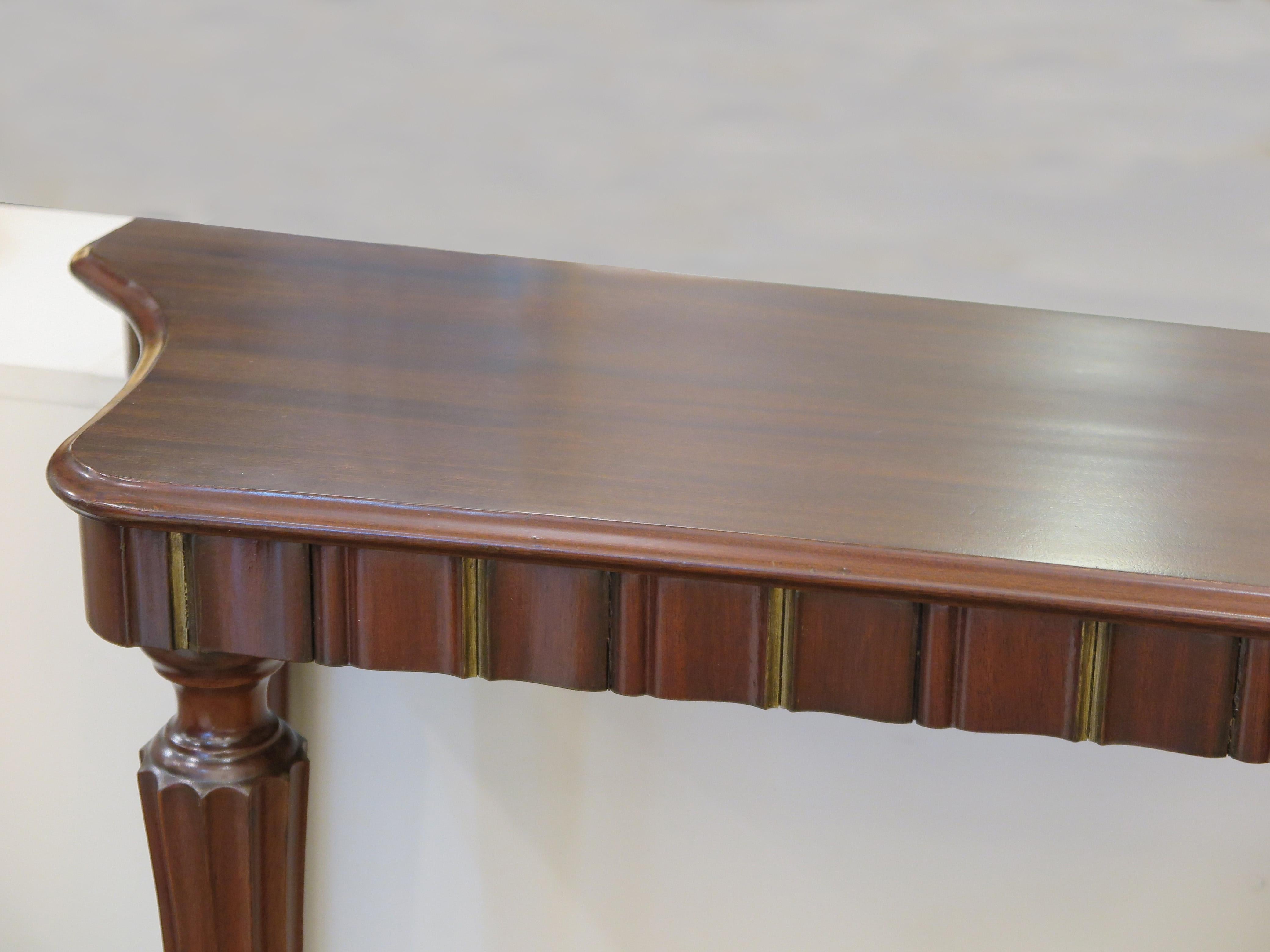 Brass Mid-Century Italian Fluted Console in Mahogany For Sale