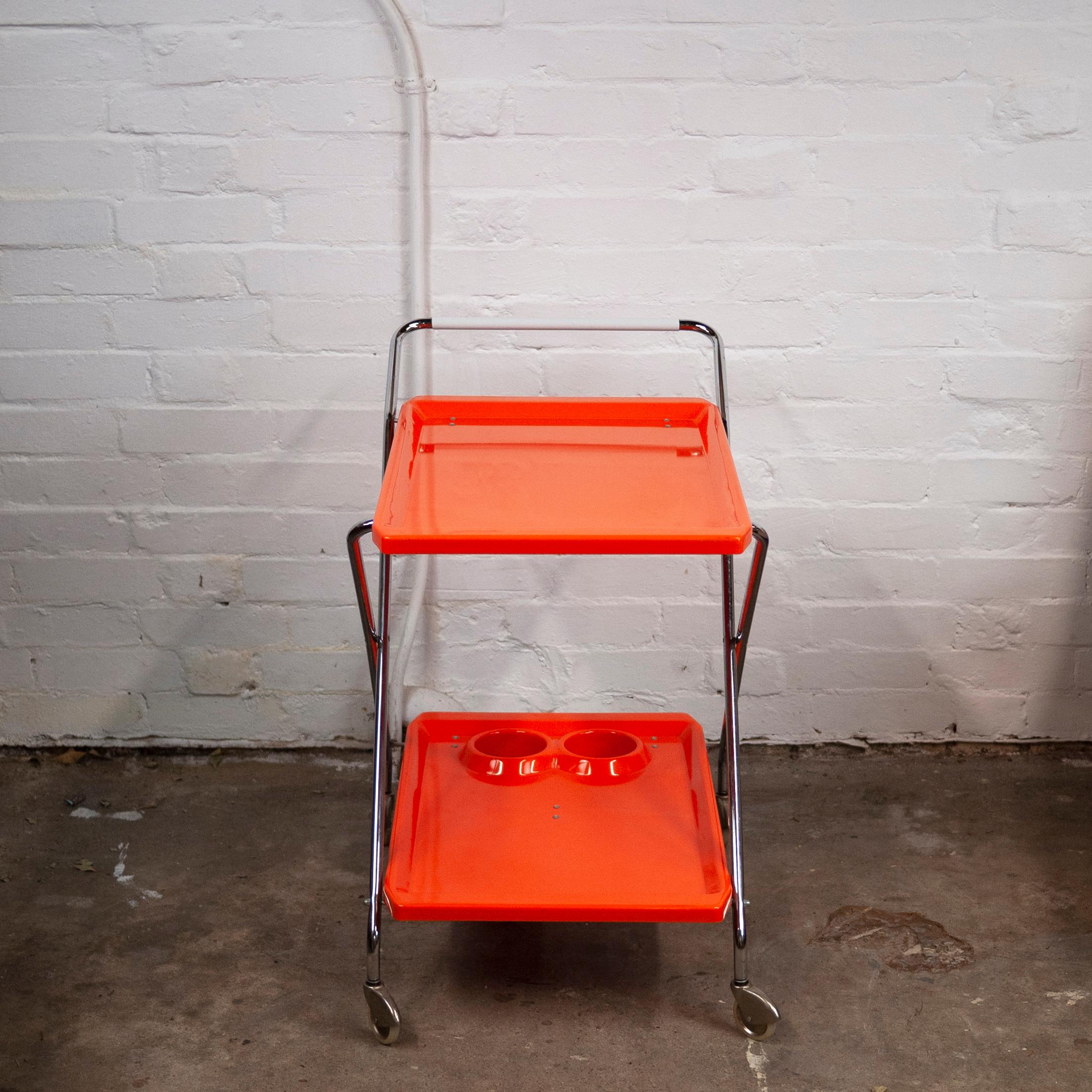 Mid-20th Century Mid-Century Italian Foldable Orange Plastic and Chromed Metal Bar Cart, 1960s For Sale