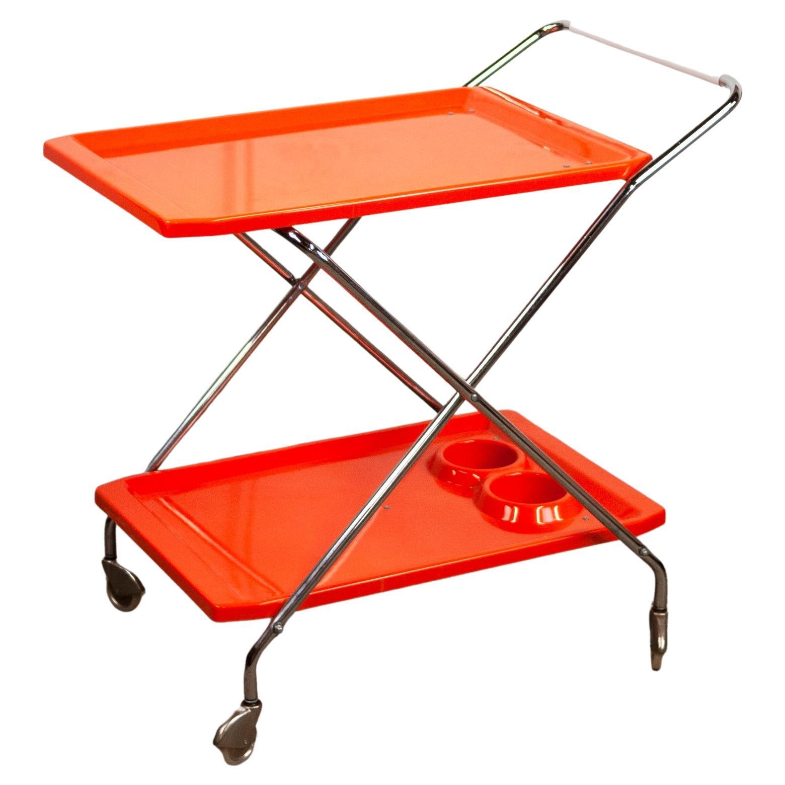 Mid-Century Italian Foldable Orange Plastic and Chromed Metal Bar Cart, 1960s For Sale