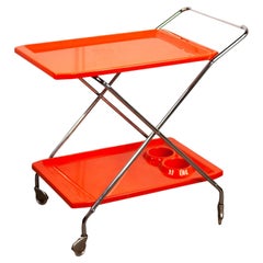 Vintage Mid-Century Italian Foldable Orange Plastic and Chromed Metal Bar Cart, 1960s