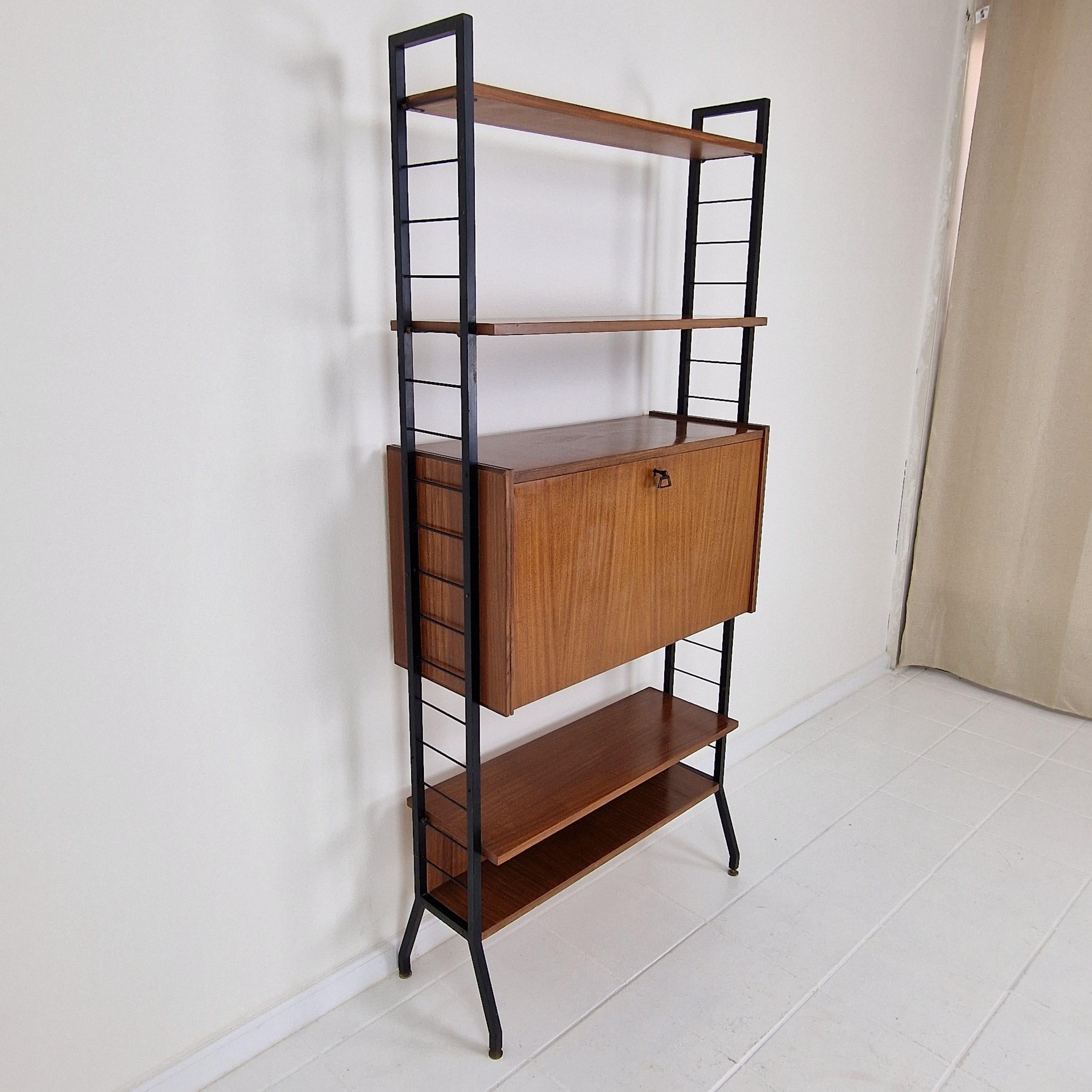 Metal Mid Century Italian Free Standing Teak Shelving Unit, 1950's For Sale