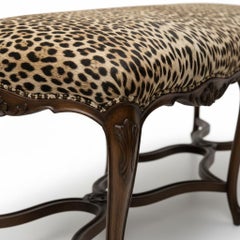 Mid-Century Italian French Louis XV Style Carved Fruitwood Bench Leopard Velvet