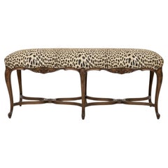 Mid-Century Italian French Louis XV Style Carved Fruitwood Bench Leopard Velvet