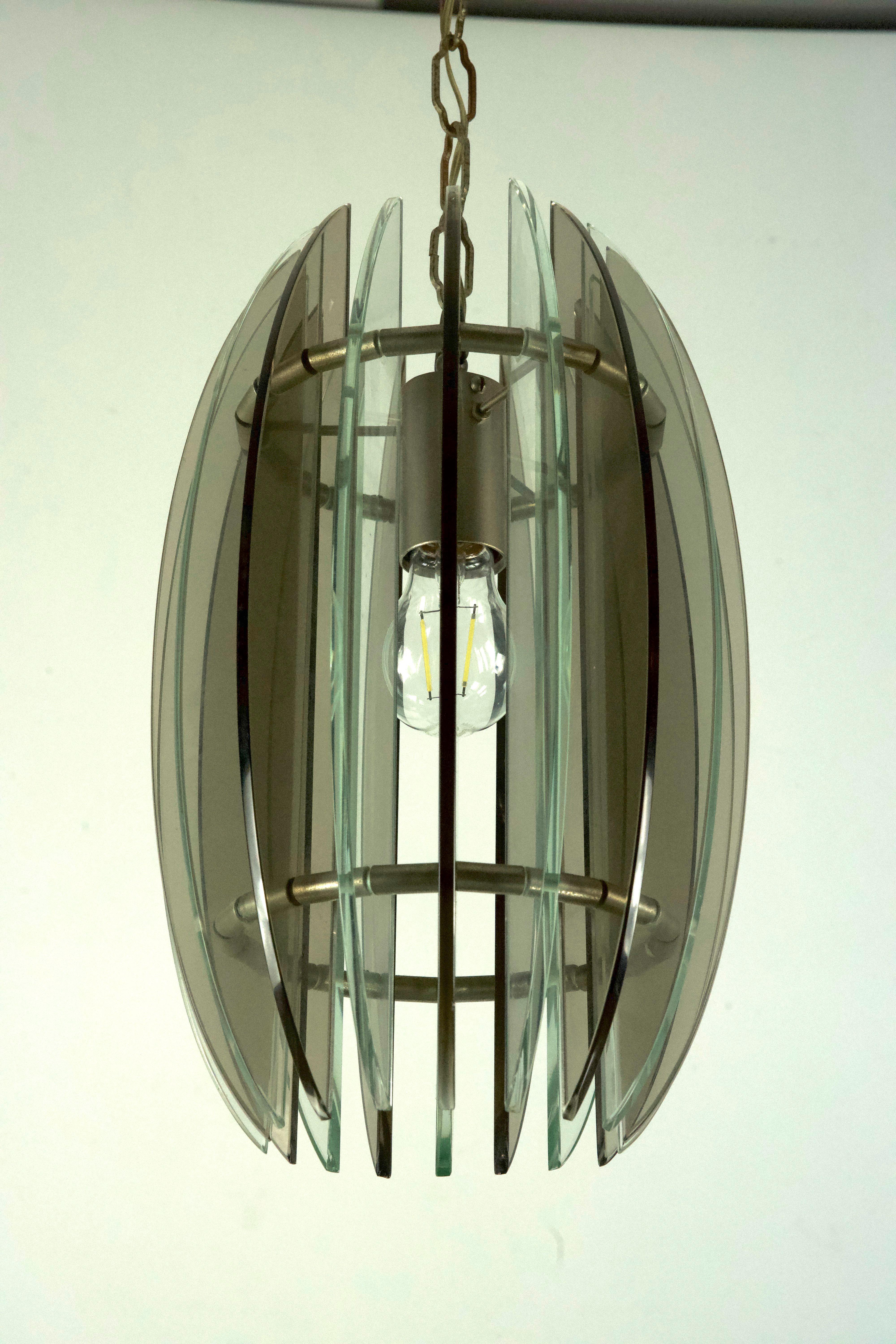 Mid-Century Modern Mid-Century Italian fume and clear thick glass chandelier by Veca. Italy 1960s For Sale