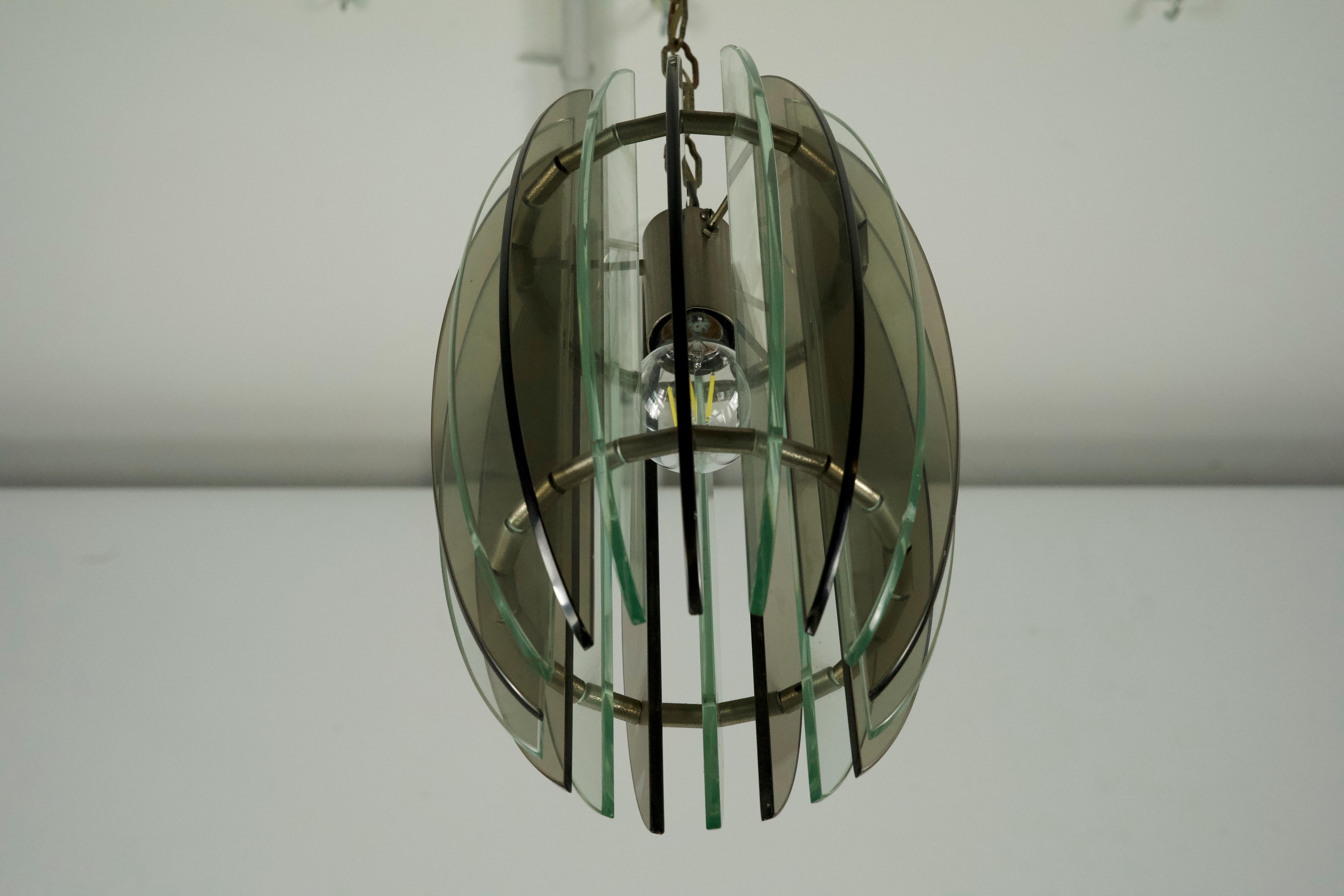 Glass Mid-Century Italian fume and clear thick glass chandelier by Veca. Italy 1960s For Sale