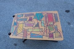 Midcentury Italian Geometric Coffee Table in Mahogany and Colored Decorations