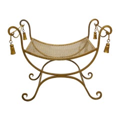 Mid-Century Italian Gilded X-Frame Curule Vanity Stool with Metal Mesh