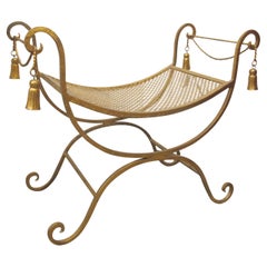 Mid-Century Italian Gilded X-Frame Curule Vanity Stool with Metal Mesh