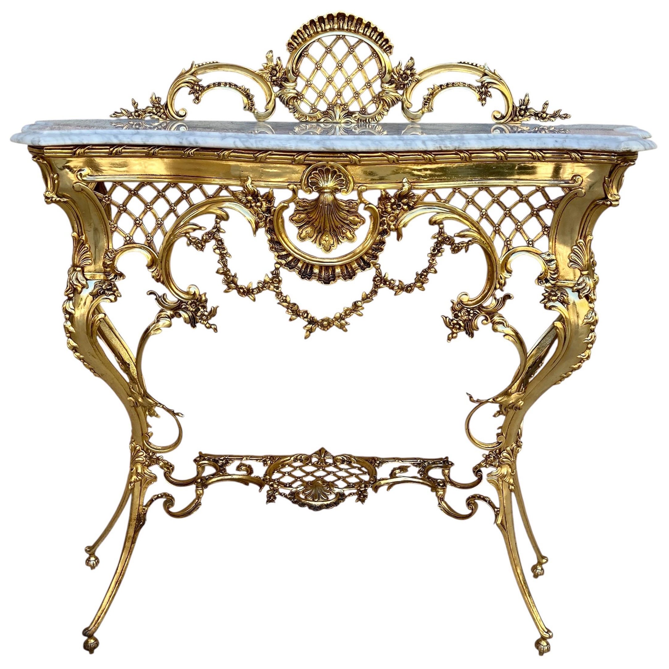 Mid-Century Italian Gilt Bronze Console with Marble Top, circa 1960 For Sale