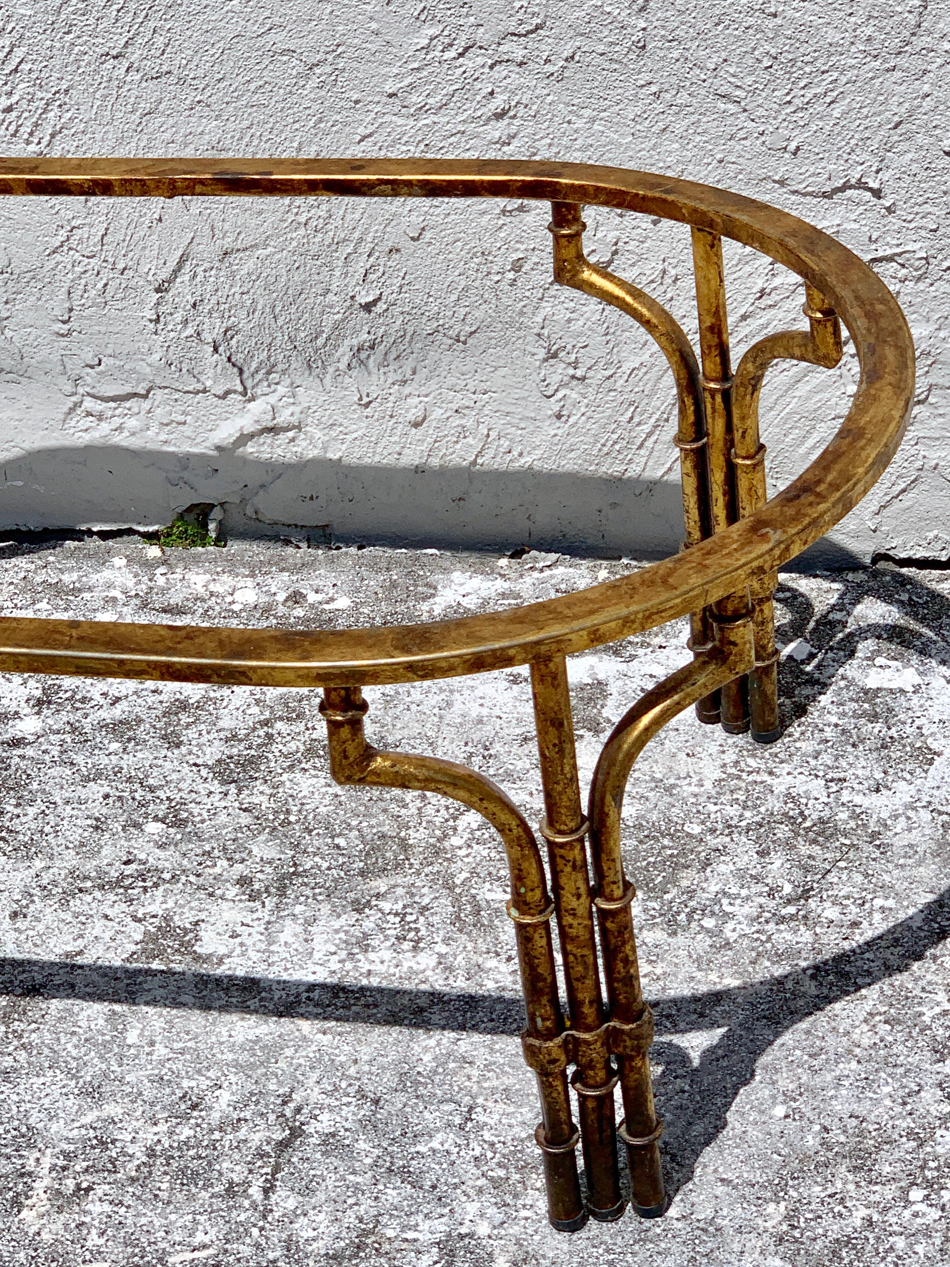 Midcentury Italian Gilt Metal Faux- Bamboo Glass Top Coffee Table In Good Condition In West Palm Beach, FL