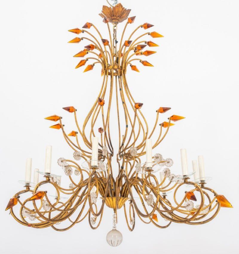 Mid-Century Modern Italian gilt metal baluster-form twelve-light cage-form chandelier with amber glass prism mounts and clear glass floral mounts, circa 1960s-70s. 40