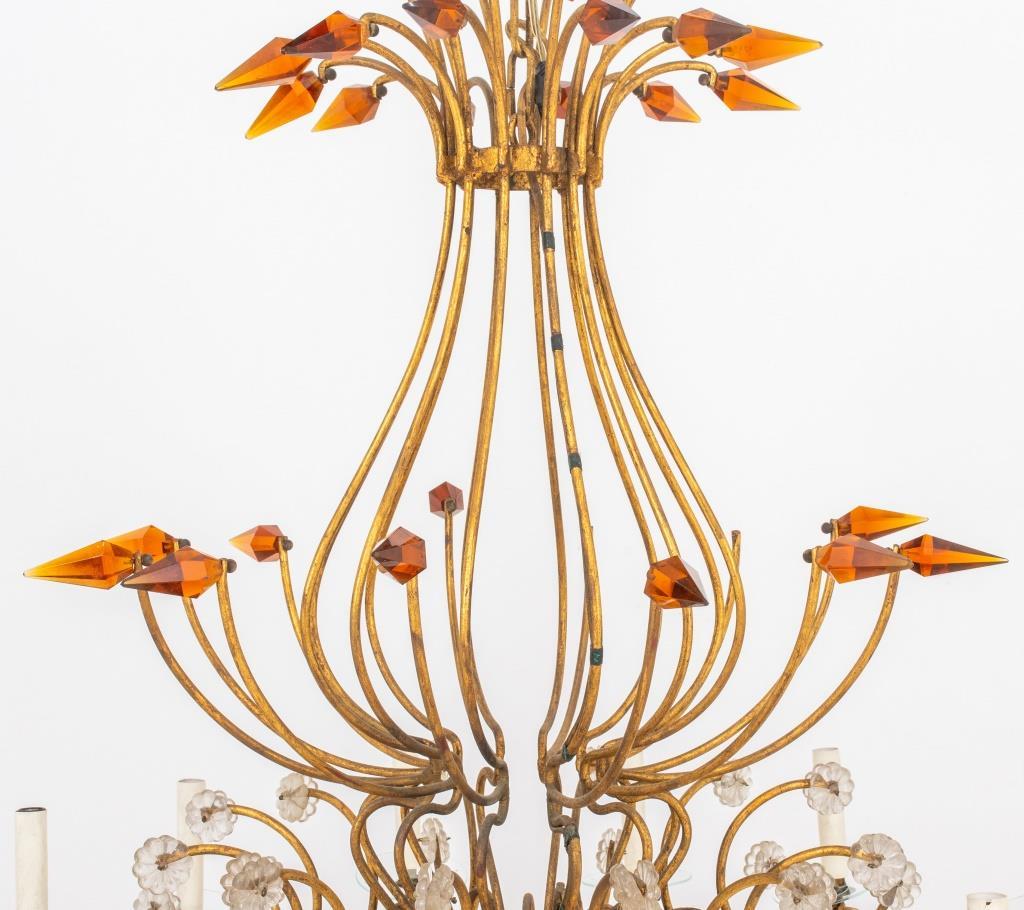 Mid Century Italian Gilt Metal & Glass Chandelier In Good Condition In New York, NY