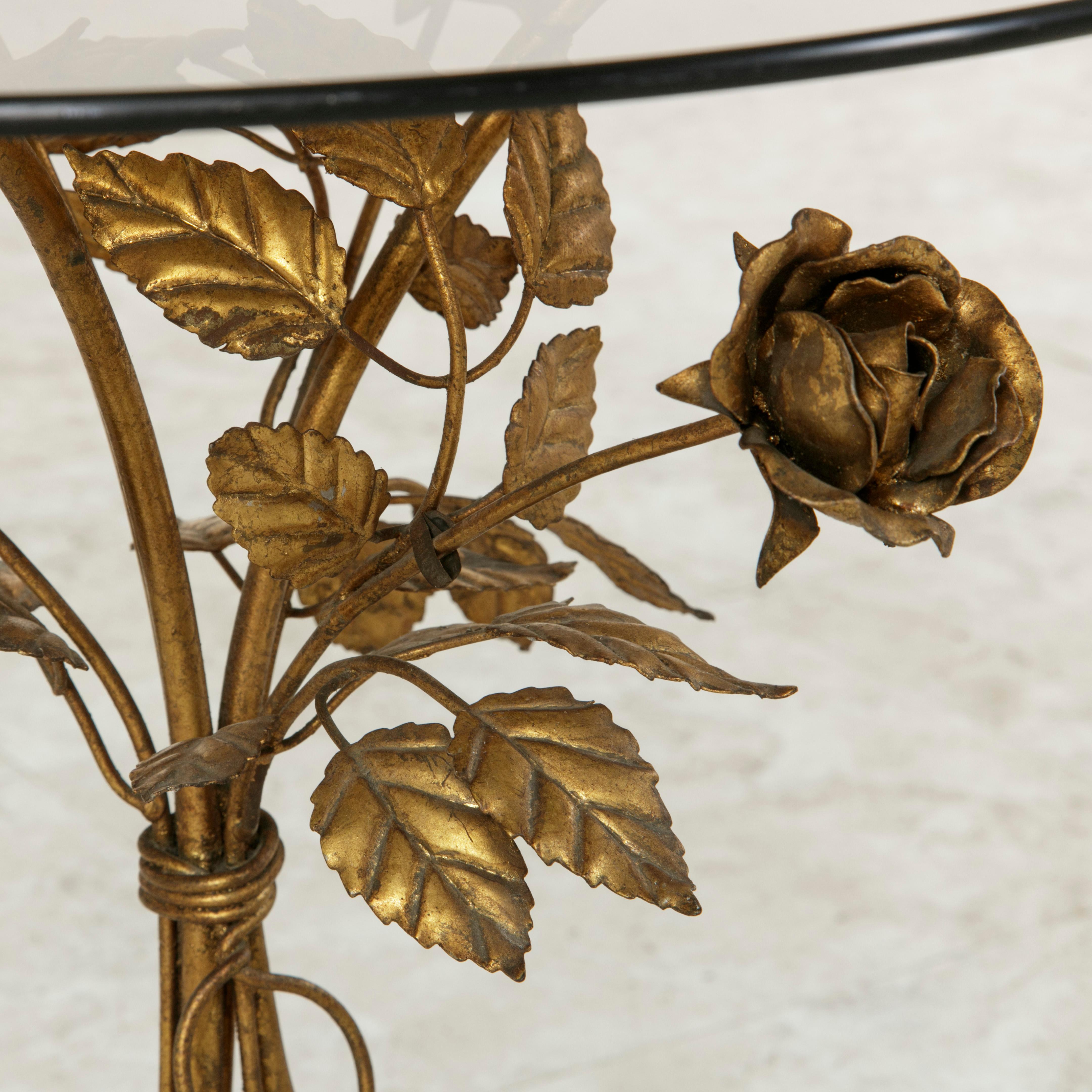 Midcentury Italian Gilt Metal Side Table with Roses and Smoked Glass Top 4